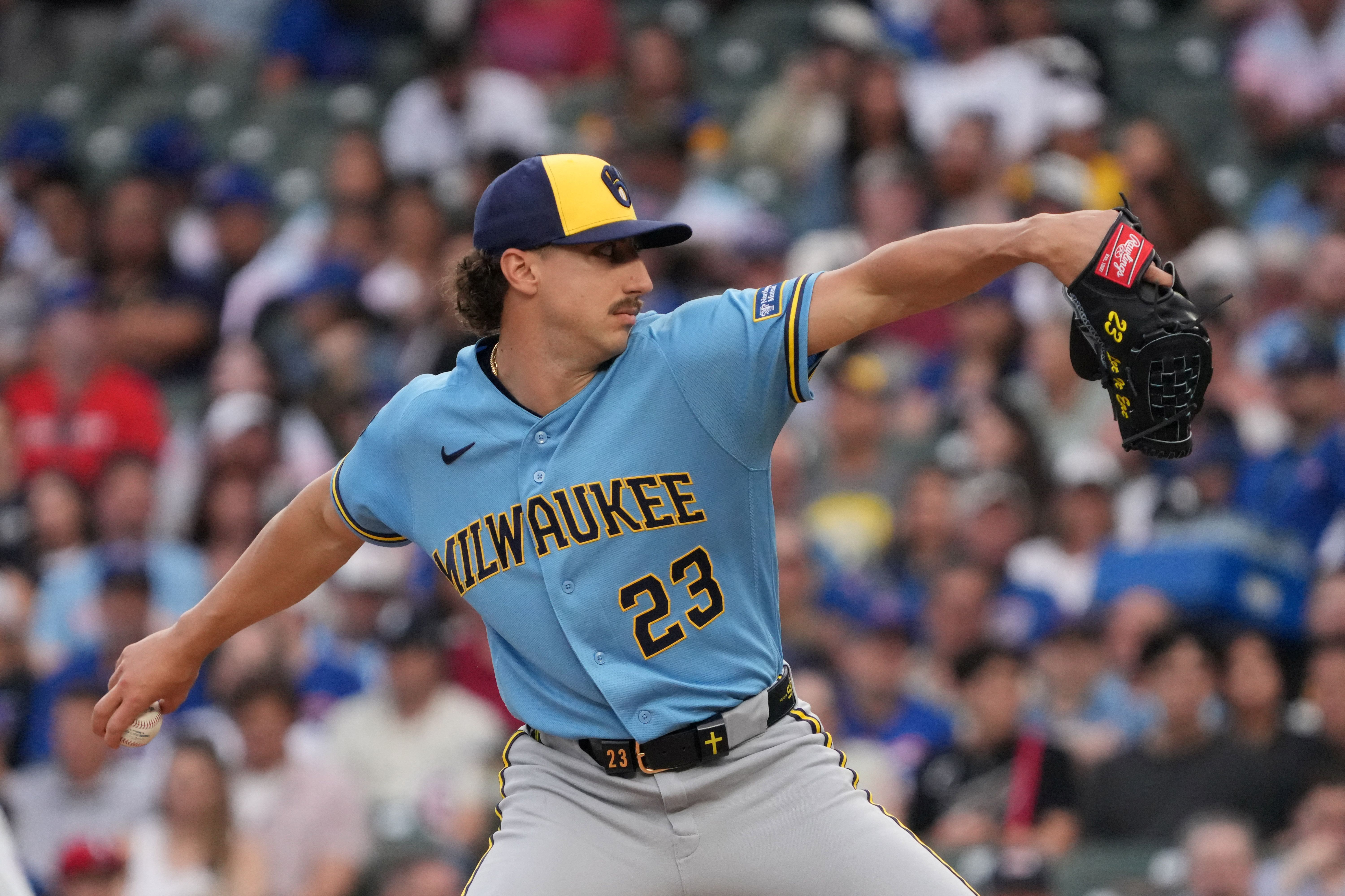 Milwaukee Brewers pitcher Brandon Sproat (23) pitches as we break down our Guardians vs. Brewers prediction.