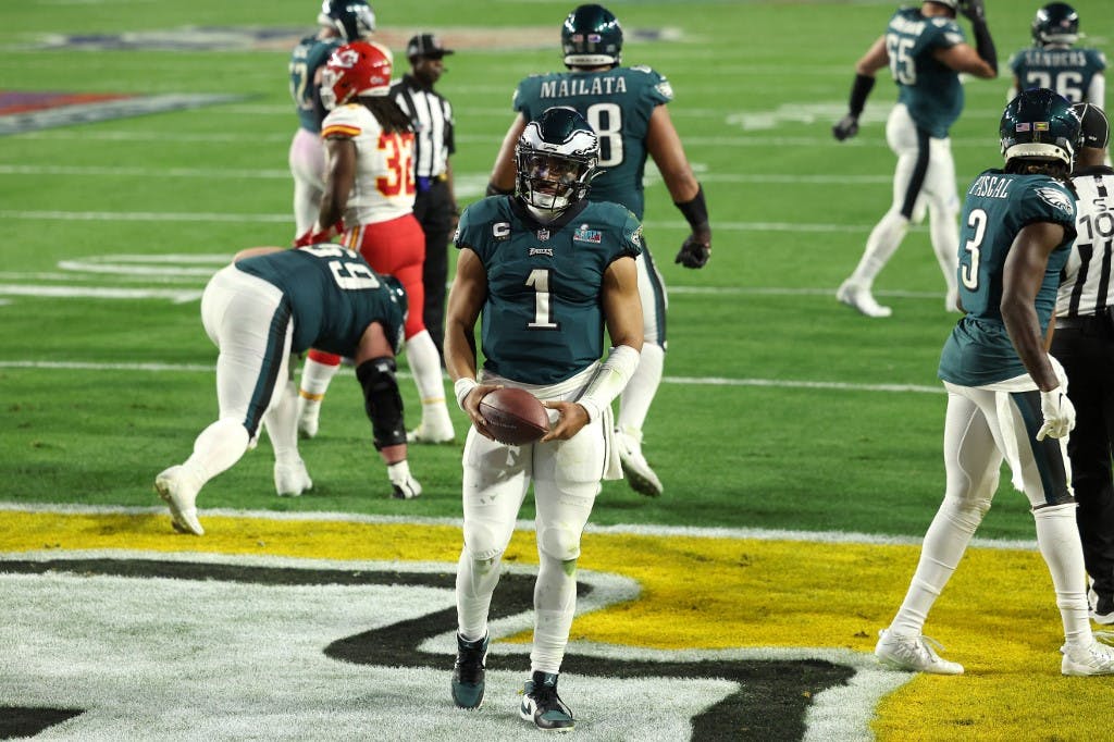 Jalen Hurts #1 of the Philadelphia Eagles celebrates as we look at our Eagles betting preview