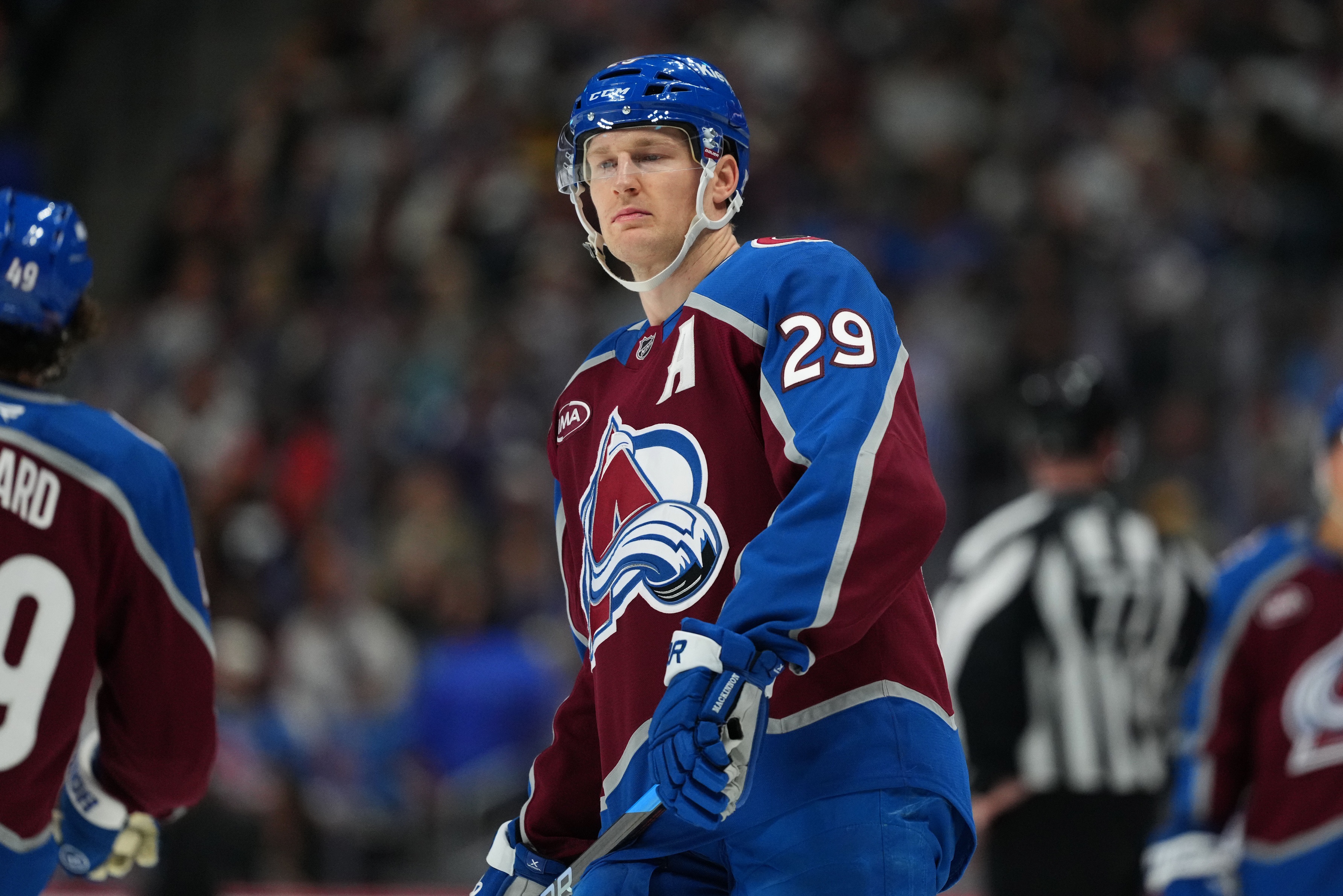 Colorado Avalanche center Nathan MacKinnon (29), seen here during a game, leads our NHL anytime goal scorer predictions for today.