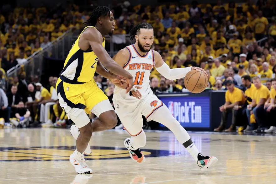 Jalen Brunson of the New York Knicks drives to the basket against Aaron Nesmith of the Indiana Pacers during Game 3 of the NBA playoffs. We're backing Brunson Knicks vs. Pacers Player Props.