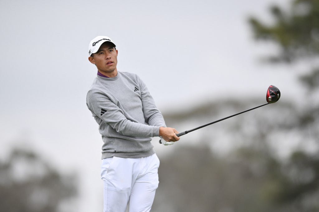 Collin Morikawa of the United States plays his shot from the fifth tee during the final round of the Farmers Insurance Open on the South Course of Torrey Pines Golf Course on January 28, 2023 in La Jolla, California. Photo by Orlando Ramirez/Getty Images via AFP.