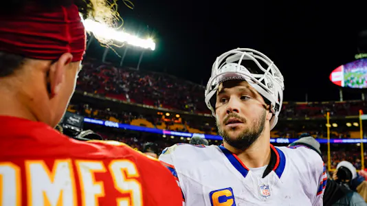Buffalo Bills quarterback Josh Allen (17) talks with Kansas City Chiefs quarterback Patrick Mahomes (15) as we break down the NFL weather report for Week 9.