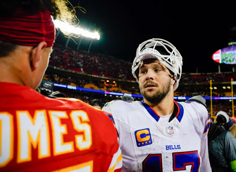 Buffalo Bills quarterback Josh Allen (17) talks with Kansas City Chiefs quarterback Patrick Mahomes (15) as we break down the NFL weather report for Week 9.