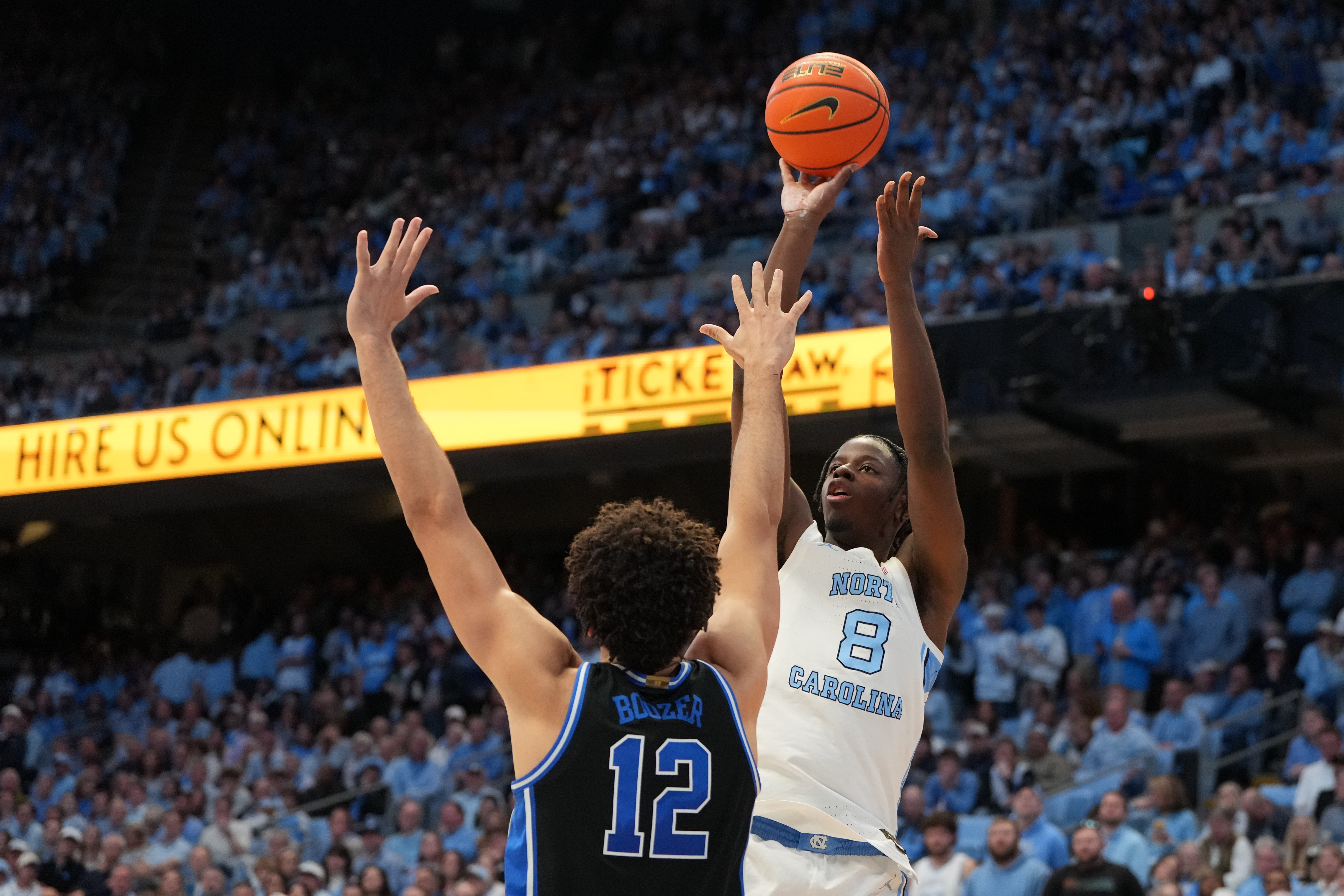 North Carolina's Caleb Wilson (8) is the focus of our North Carolina vs. Miami prediction.