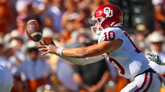 Oklahoma Sooners quarterback John Mateer (10) snaps the ball during the first half as we look at Ole Miss vs. Oklahoma Player Prop Bets. Photo by: Kevin Jairaj-Imagn Images