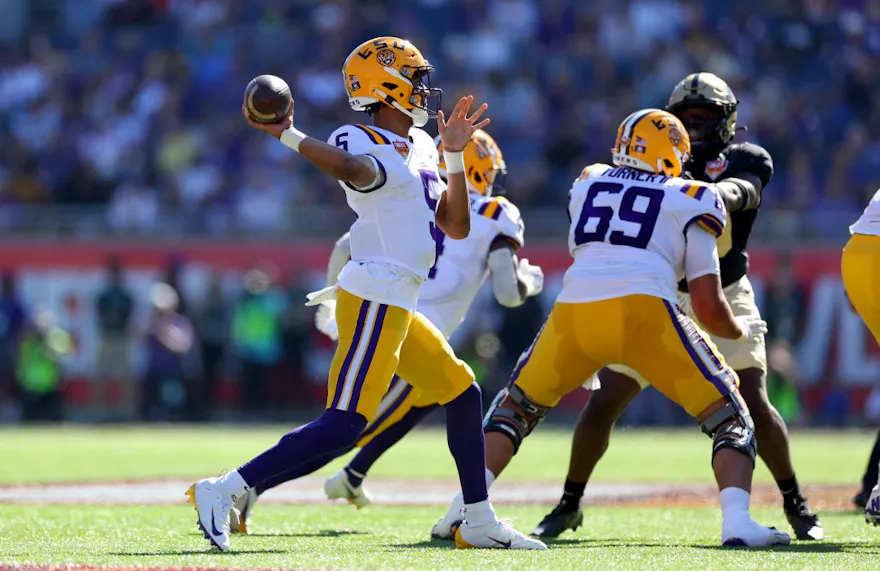 Jayden Daniels of the LSU Tigers passes against the Purdue Boilermakers as we look at our best LSU-Florida State prediction