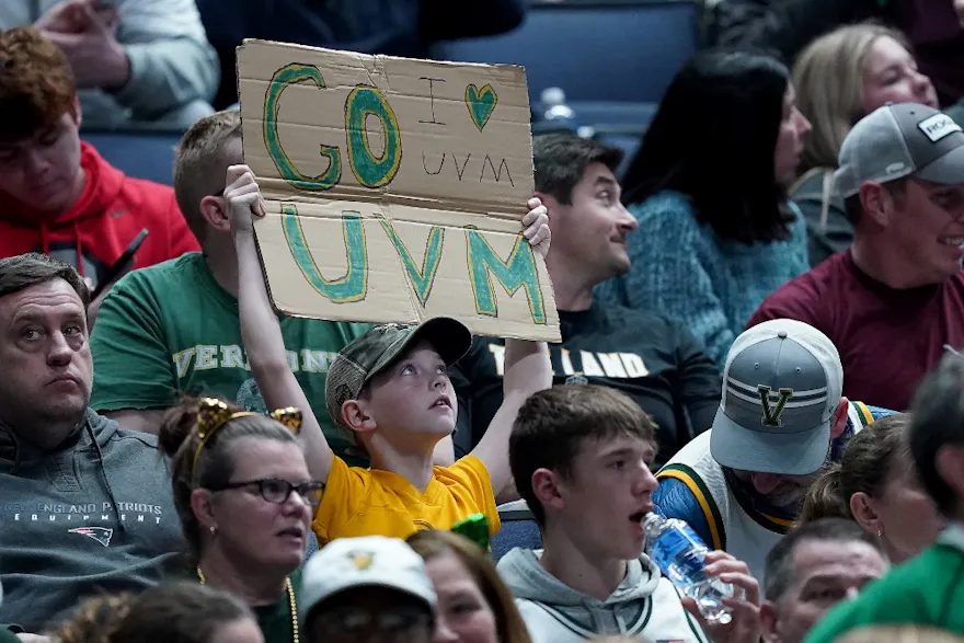 A Vermont Catamounts fan holds a sign up that reads, "Go UVM I Love UVM" as we look at our FanDuel promo code