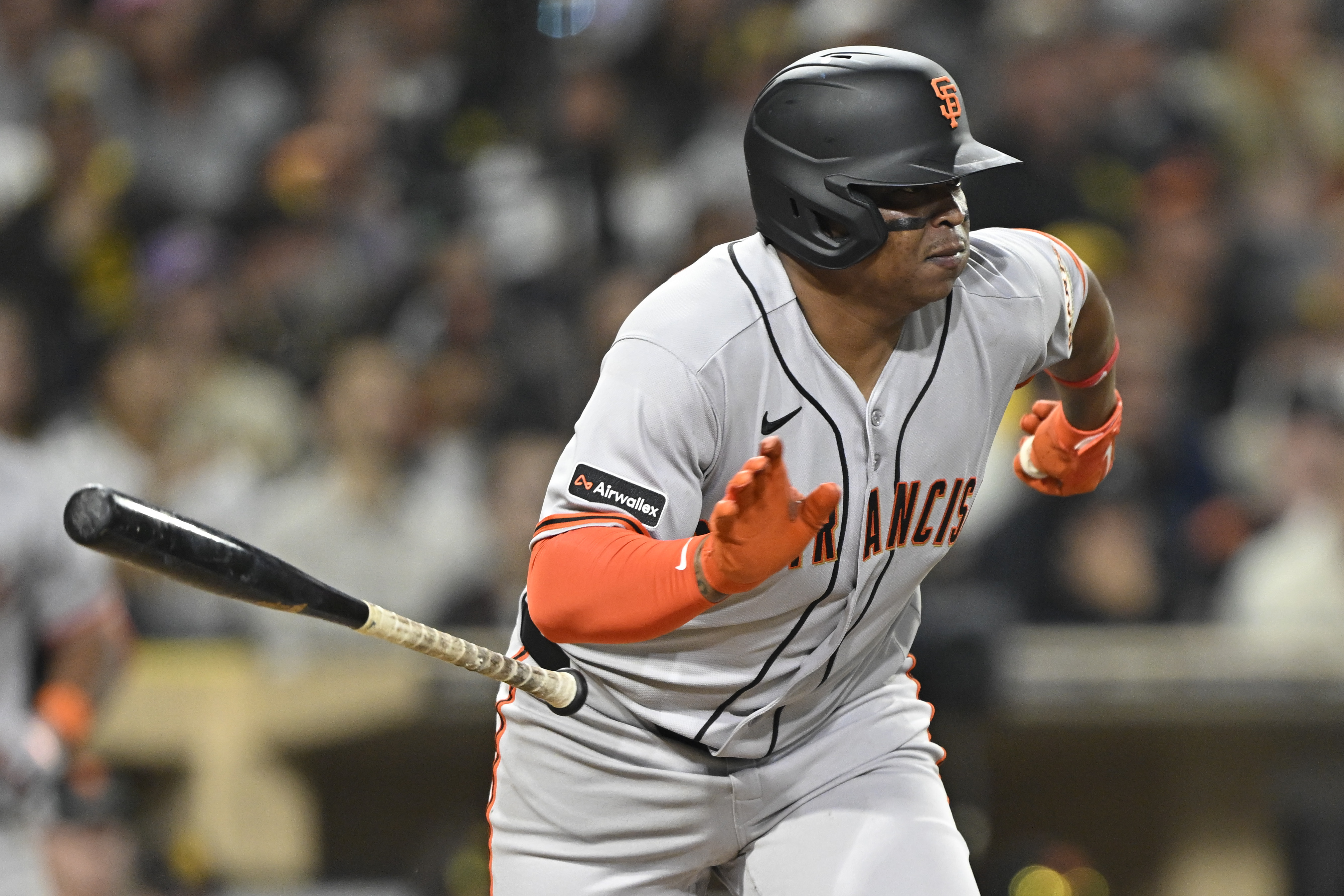 San Francisco Giants designated hitter Rafael Devers (16) hits a single as we break down our Giants vs. Orioles prediction.