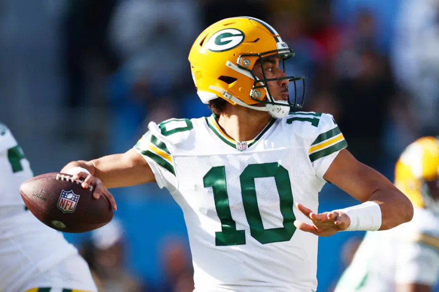 Jordan Love of the Green Bay Packers looks to throw a pass as we share our best player props for Packers vs. 49ers.