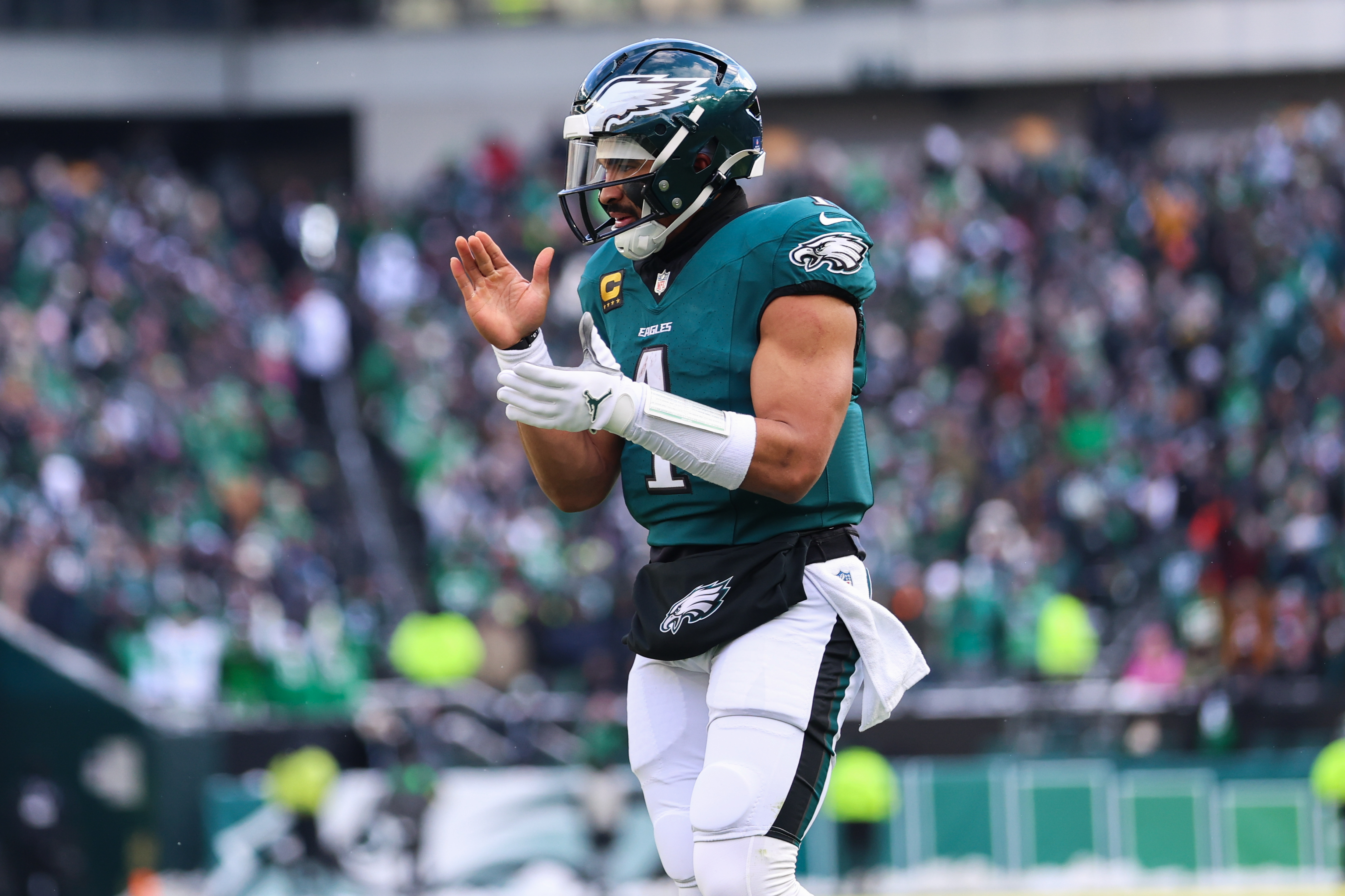 Philadelphia Eagles quarterback Jalen Hurts (1), seen here reacting after a touchdown, leads our Eagles vs. Commanders player props and TD picks.