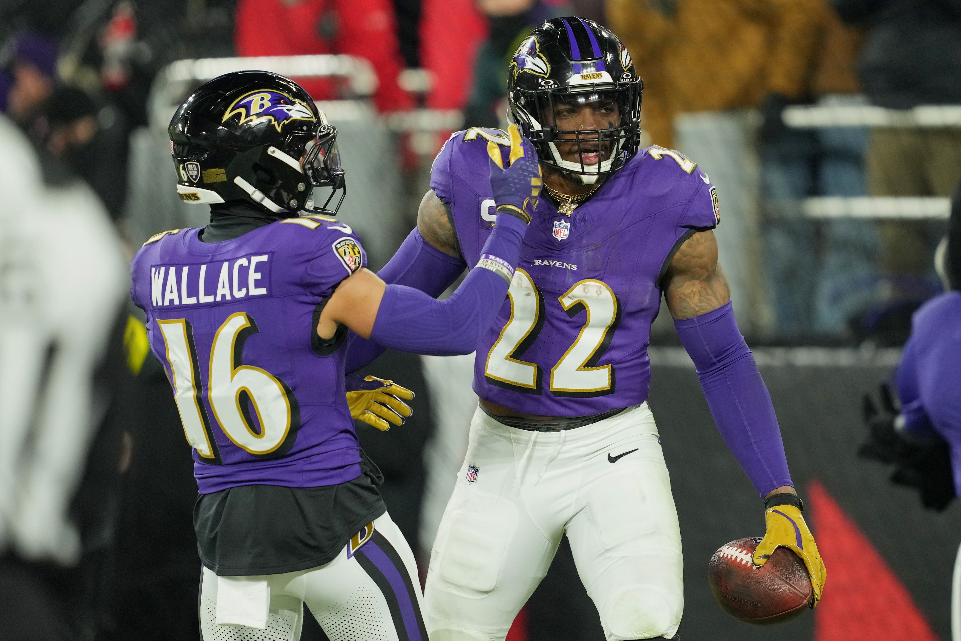 Derrick Henry celebrates with Tylan Wallace as we offer our Ravens vs. Steelers predictions. 