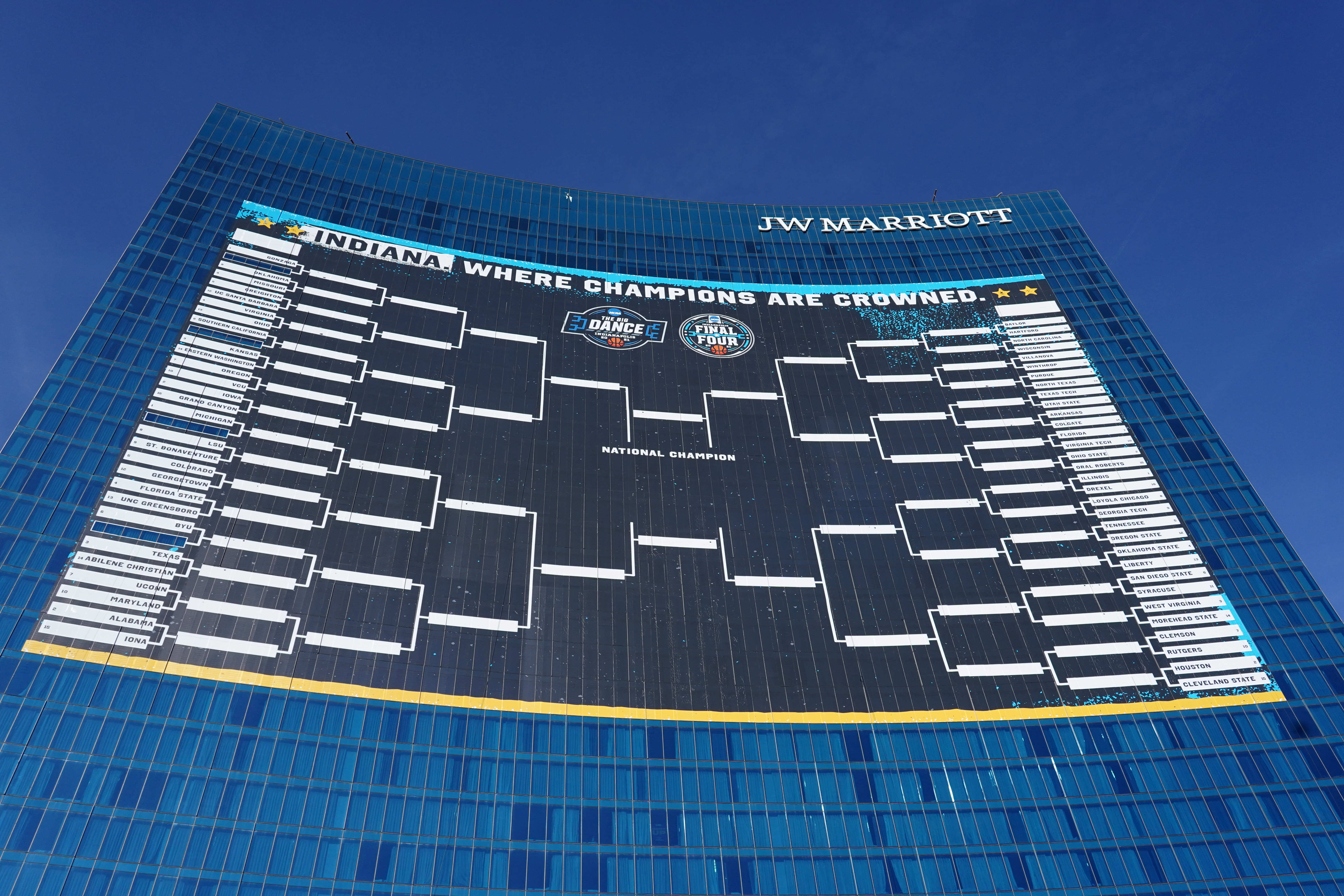The NCAA Final Four March Madness playoff bracket is displayed on the JW Marriott hotel as we look at our 2026 March Madness bracket predictions