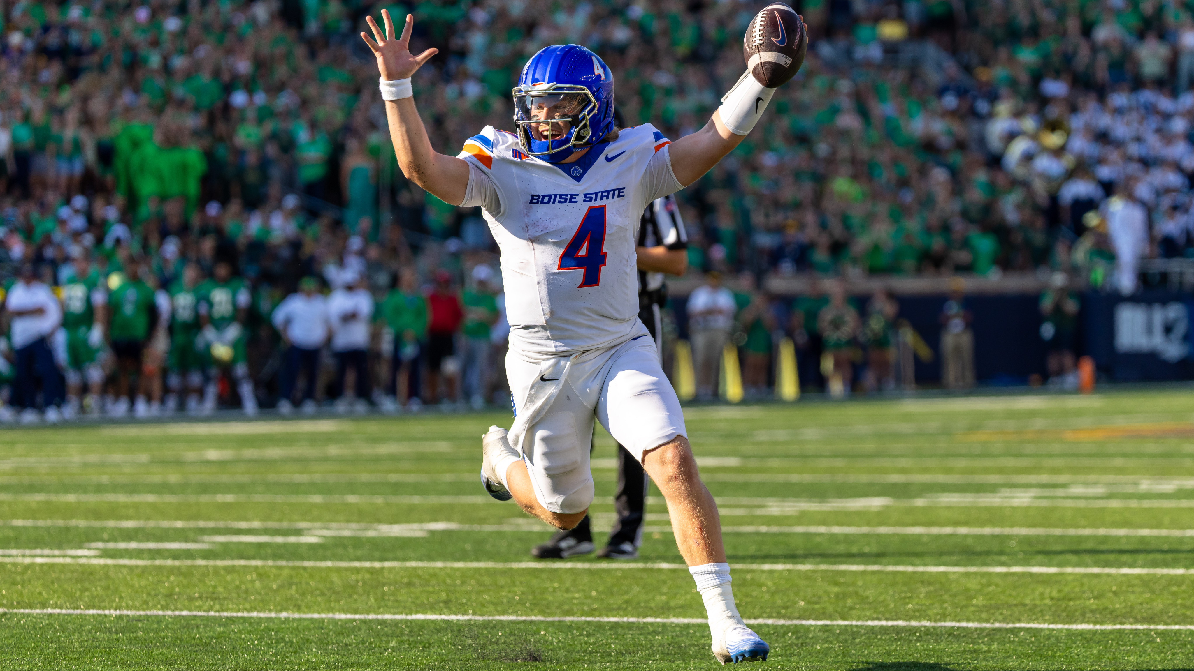 Boise State Broncos quarterback Maddux Madsen (4) celebrates as he is featured in our college football conference Championship odds. 