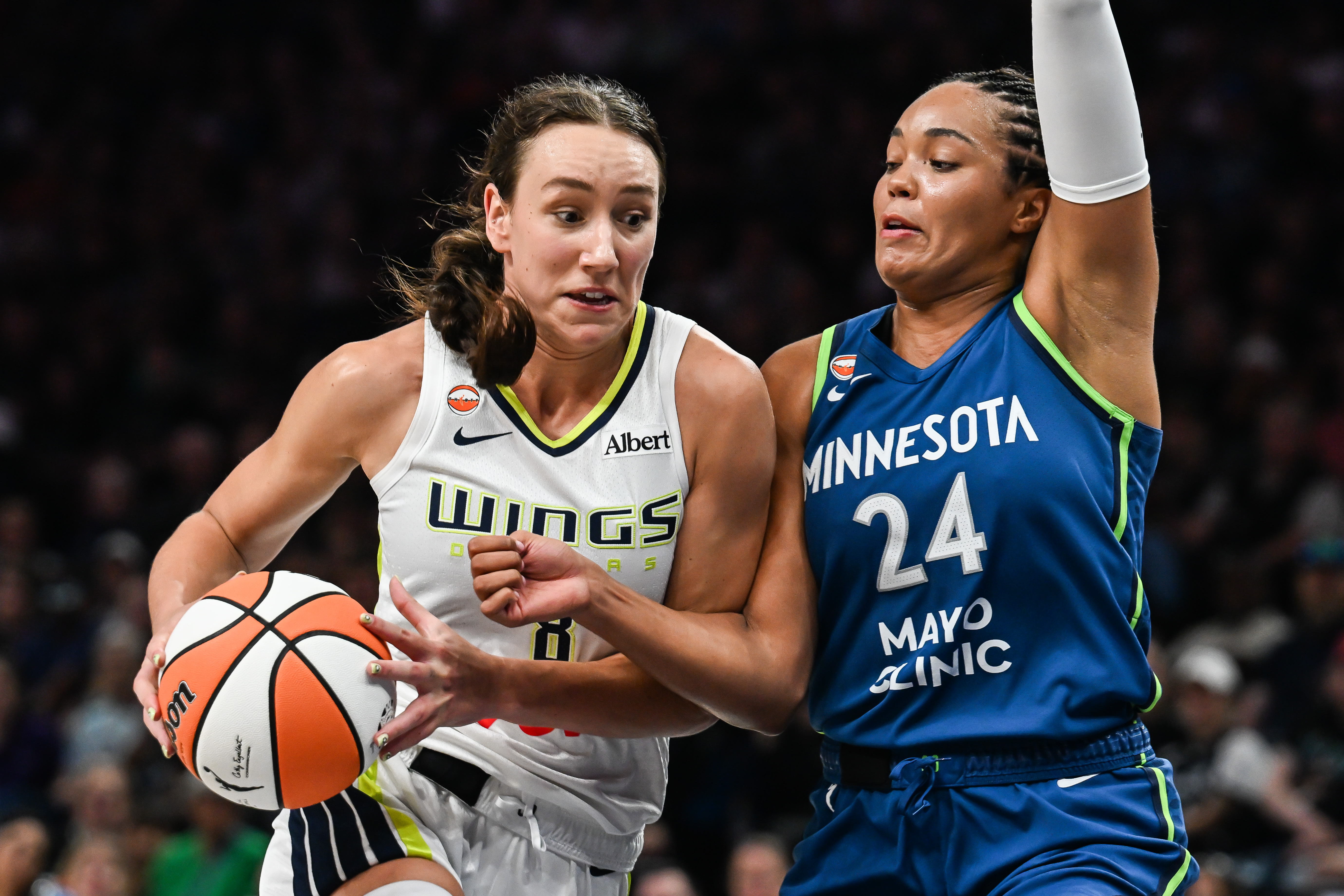 Dallas Wings forward Alanna Smith (8) drives as she is featured in our Storm vs. Wings prediction.