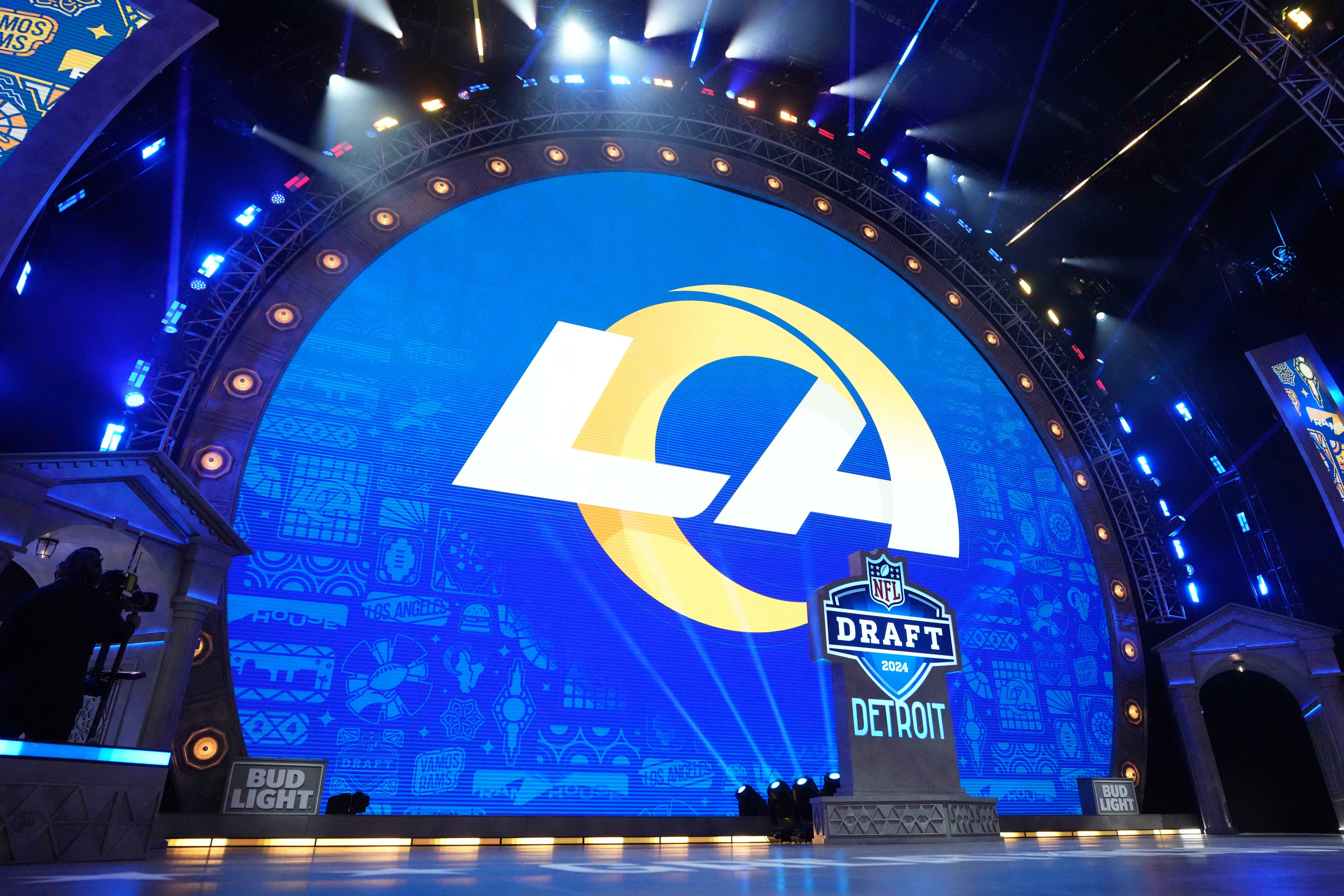 A Los Angeles Rams logo at the 2024 NFL Draft at Campus Martius Park and Hart Plaza.