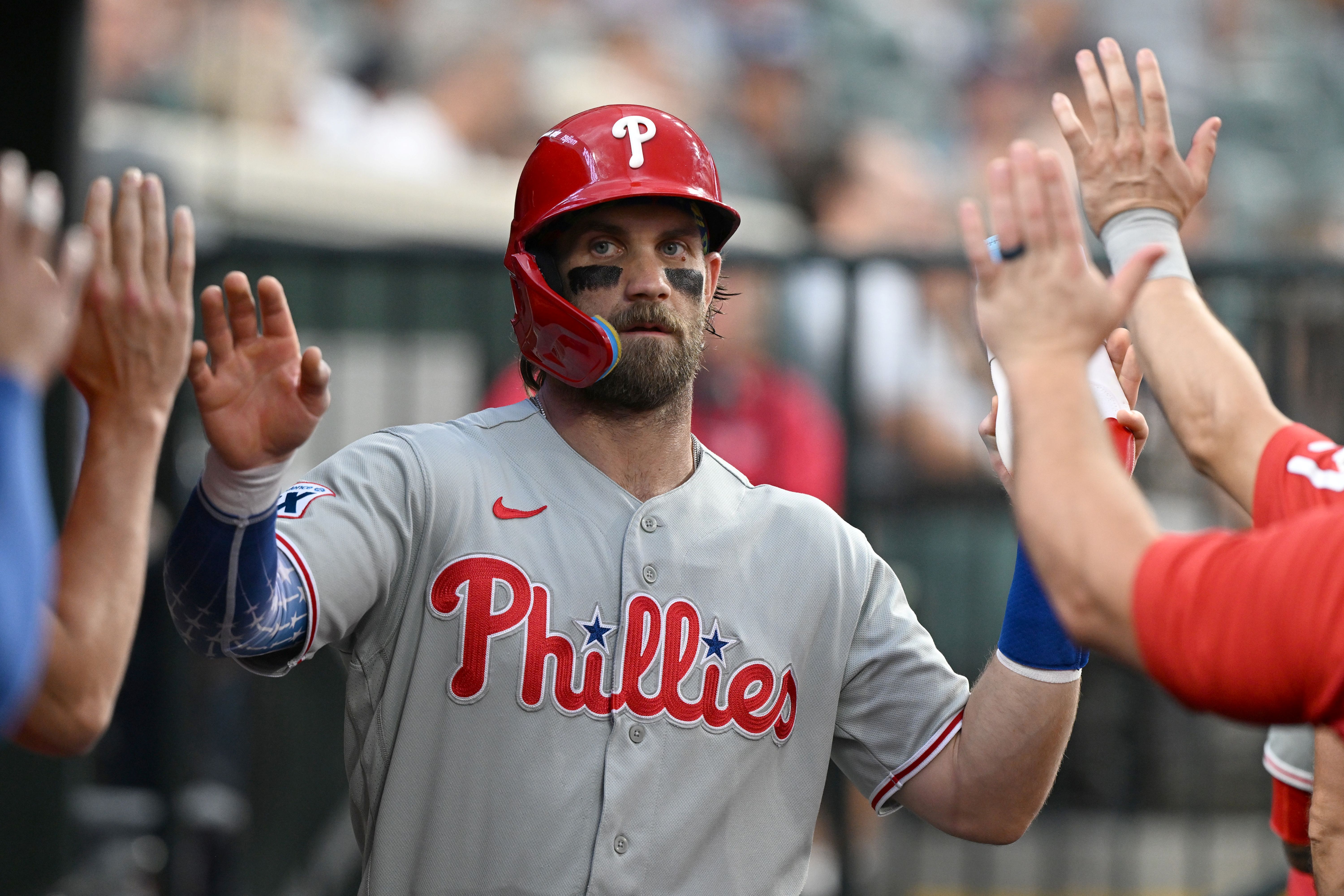 Philadelphia Phillies first baseman Bryce Harper celebrates, and he's featured in my home run derby long shot picks.