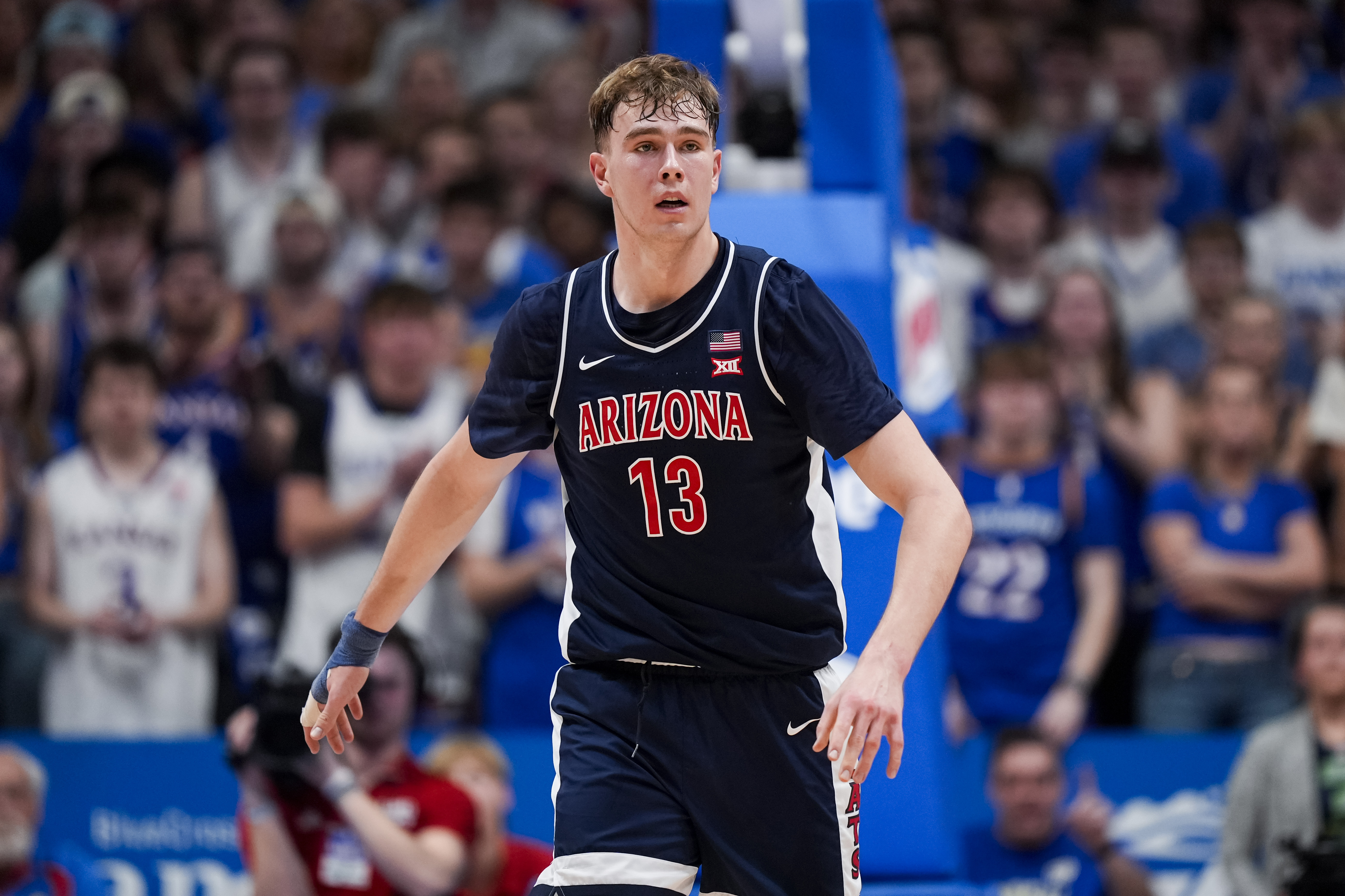 Arizona Wildcats center Motiejus Krivas defends as we offer our best Iowa State vs. Arizona. prediction