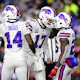 Quarterback Josh Allen #17 celebrates with running back Devin Singletary #26 of the Buffalo Bills after Singletary rushed for a fourth quarter touchdown against the New England Patriots at Gillette Stadium on Dec. 1.