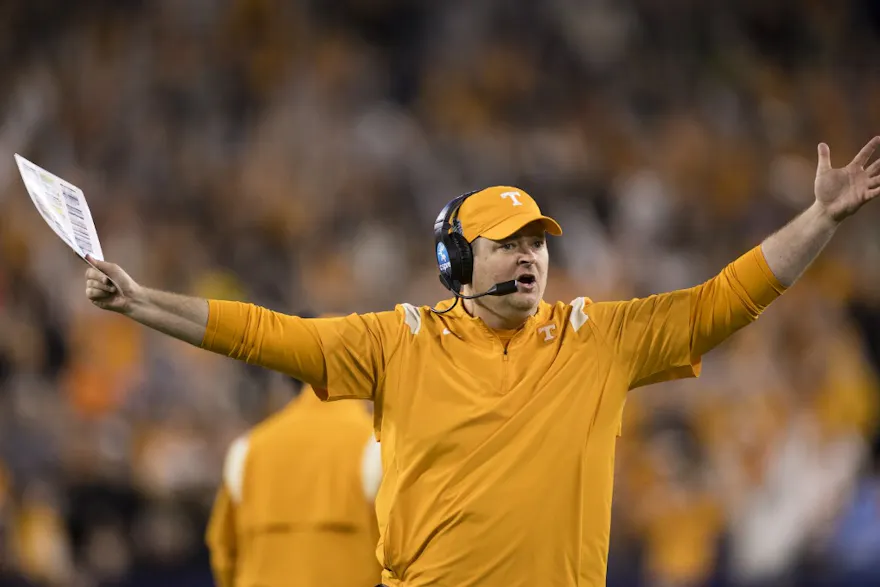 Head coach Josh Heupel of the Tennessee Volunteers reacts to seeing an instant replay of a play ruled short of the goal line against the Purdue Boilermakers during overtime of the TransPerfect Music City Bowl at Nissan Stadium.