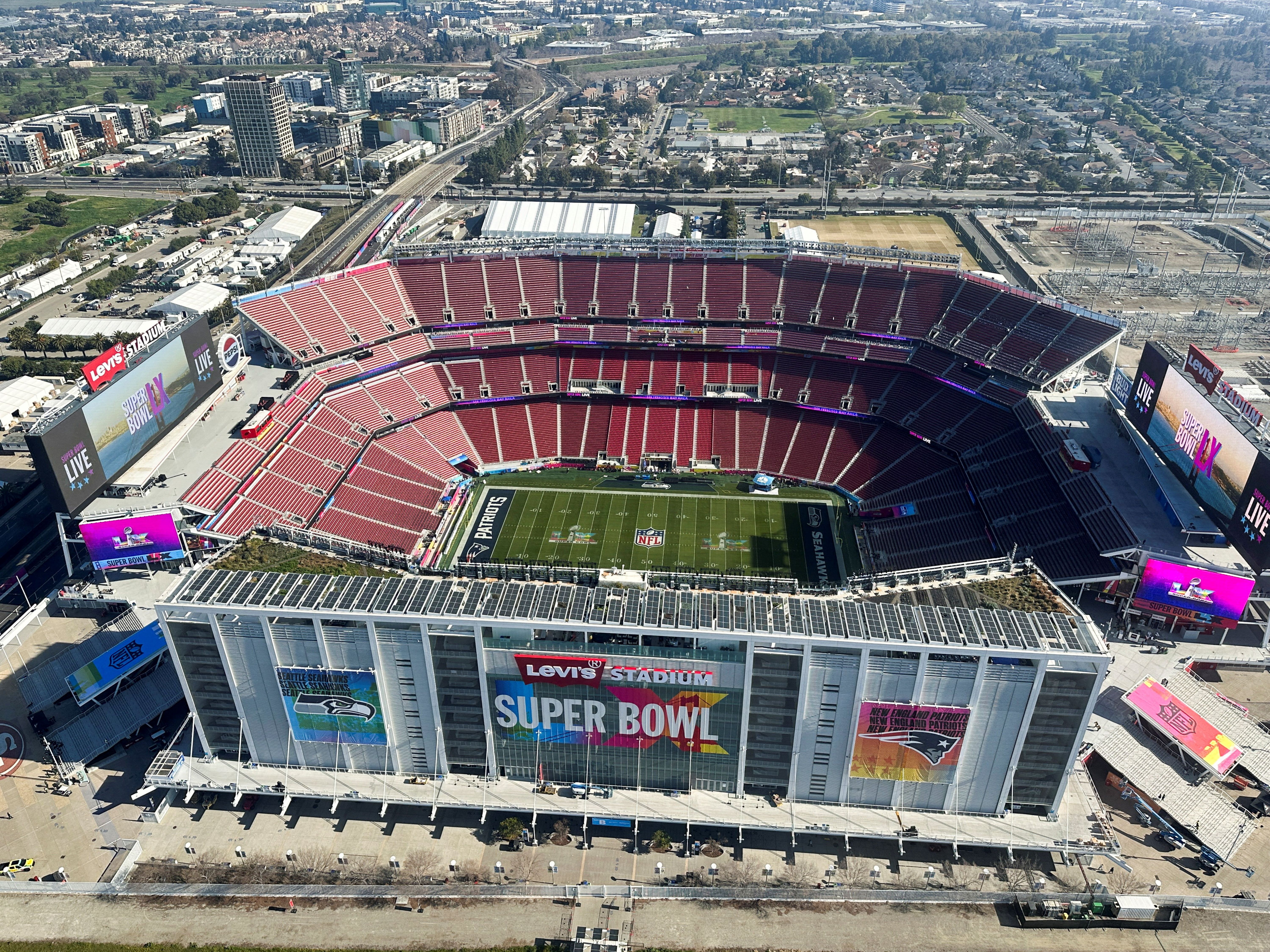 An aerial view of Levi’s Stadium as we look at the Super Bowl weather odds at prediction markets.
