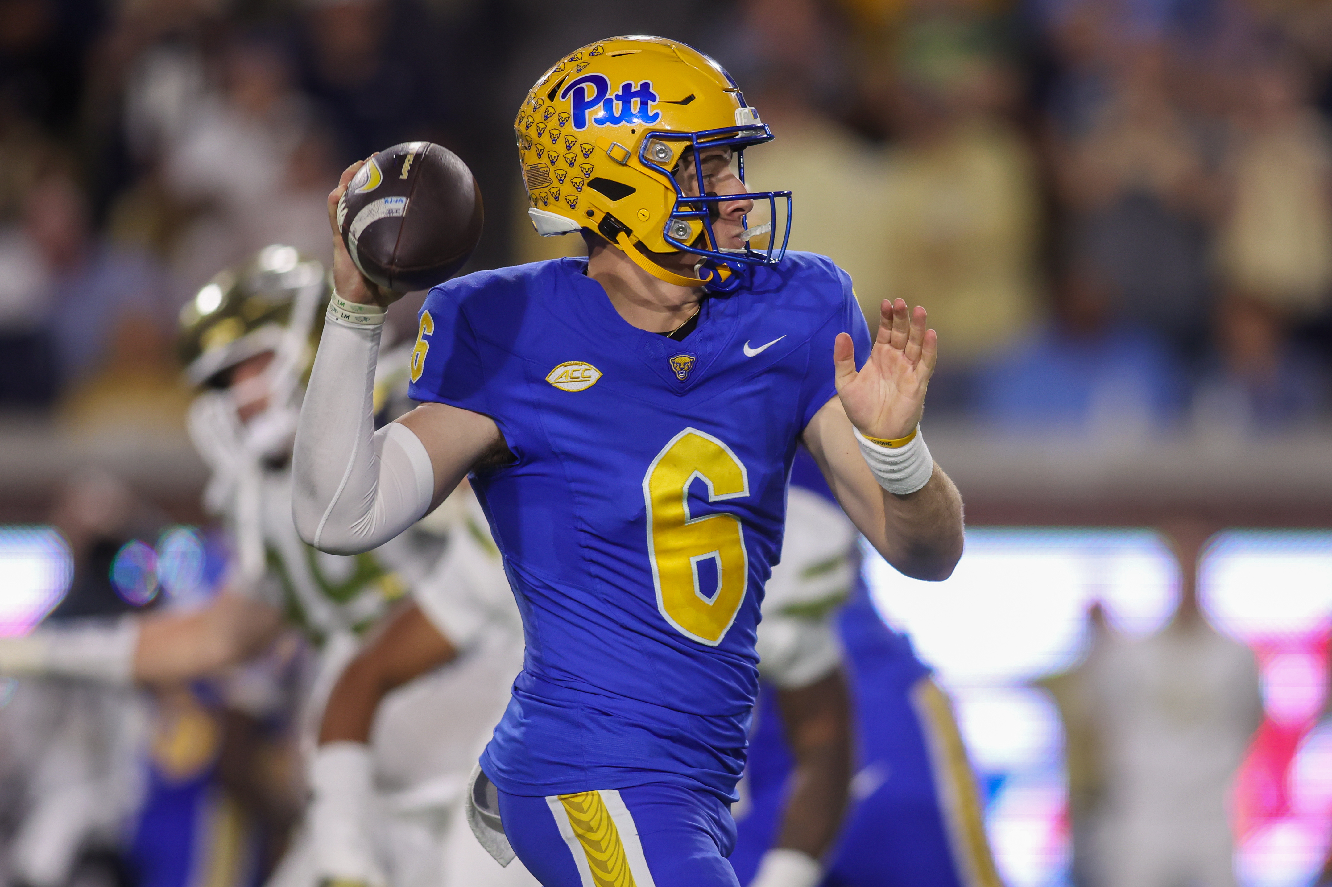 Pittsburgh quarterback Mason Heintschel (6) is key to our Pittsburgh vs. East Carolina predictions for the Military Bowl.