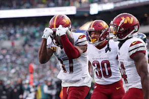 Washington Commanders wide receiver Terry McLaurin (17) reacts after a play as we offer our Commanders vs. Chiefs expert picks for Monday Night Football.