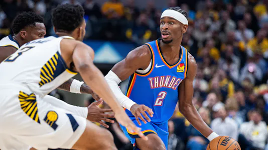 Pictured: Oklahoma City Thunder guard Shai Gilgeous-Alexander (2) dribbles the ball as we offer our Thunder vs. Hawks player props.
