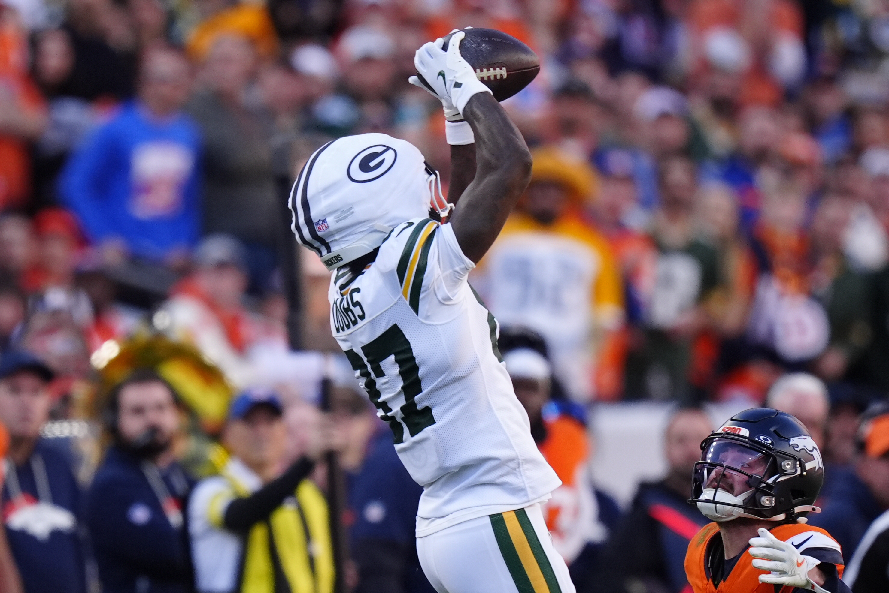 Green Bay Packers wide receiver Romeo Doubs (87) catches a pass as we look at our Ravens vs. Packers anytime touchdown scorer predictions