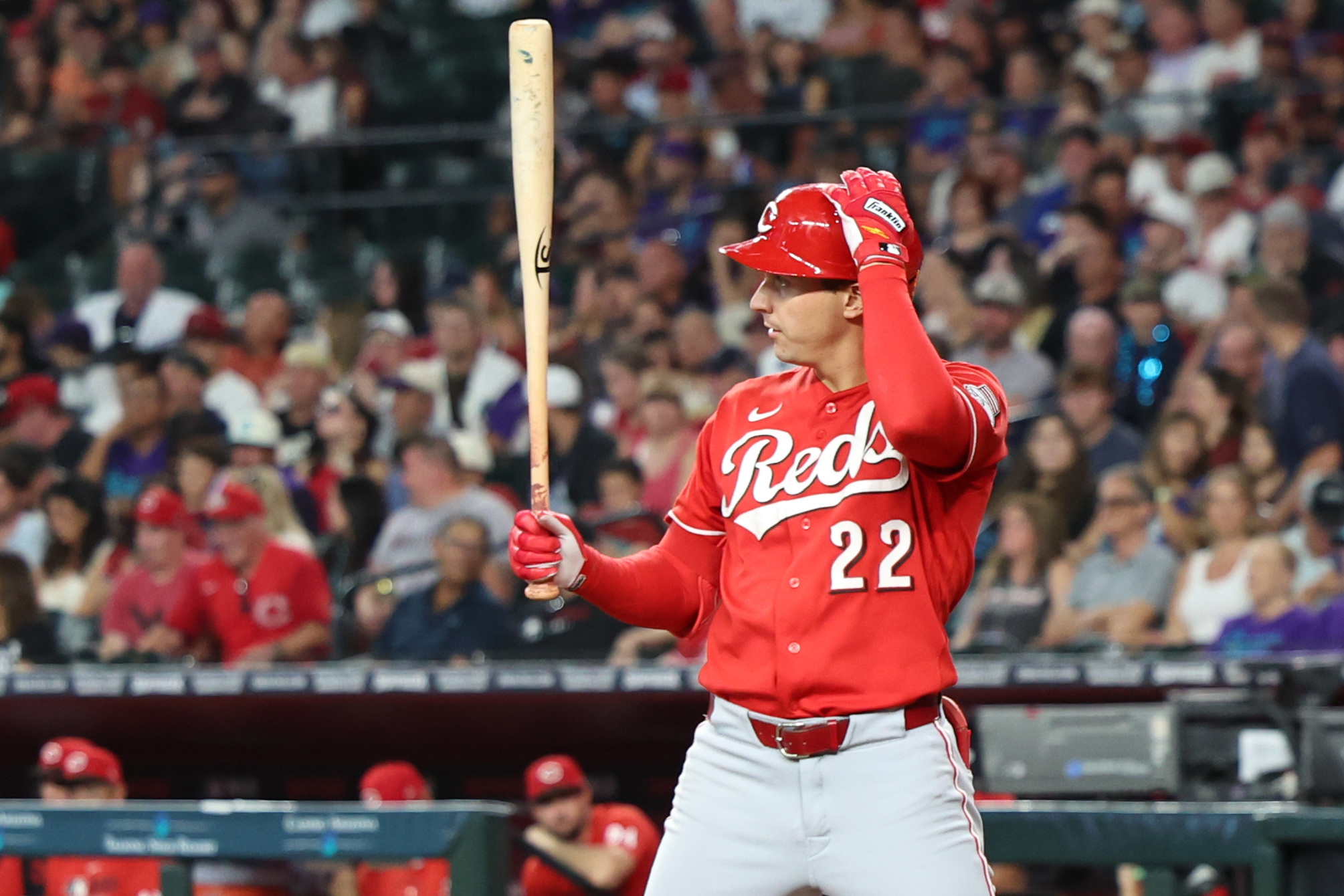 Reds outfielder JJ Bleday (22) looks on as we break down our Reds vs. Braves prediction.