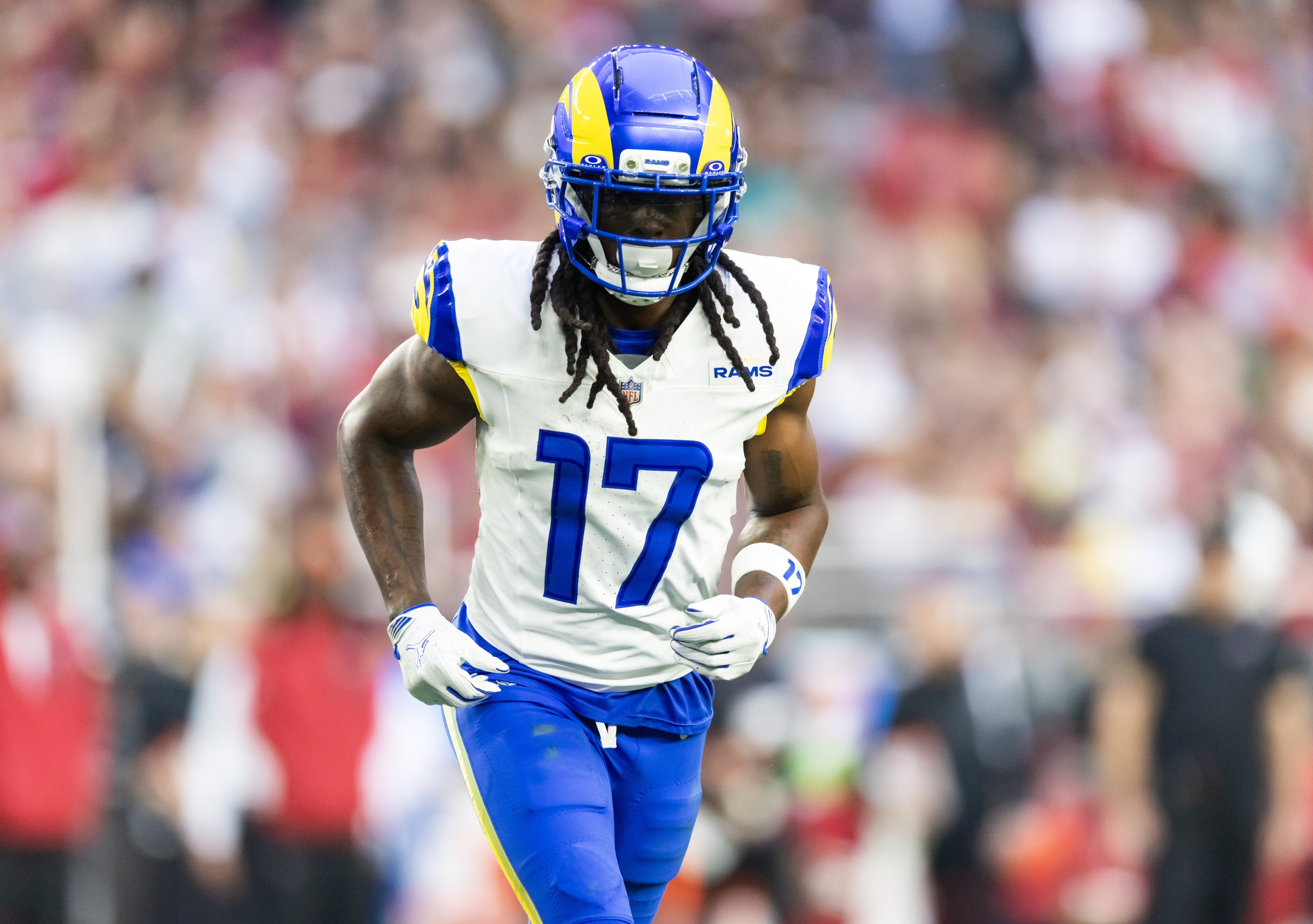 Los Angeles Rams wide receiver Davante Adams (17) runs as we break down our NFL anytime touchdown scorer predictions for Wild Card Weekend.