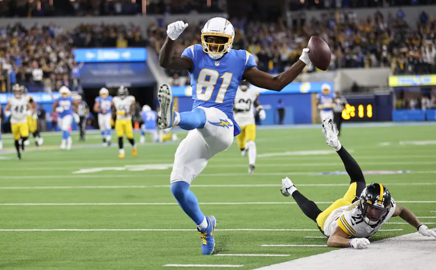 Mike Williams of the Los Angeles Chargers breaks free for a touchdown against the Pittsburgh Steelers during the fourth quarter at SoFi Stadium on November 21, 2021. Photo by Sean M. Haffey Getty Images via AFP.