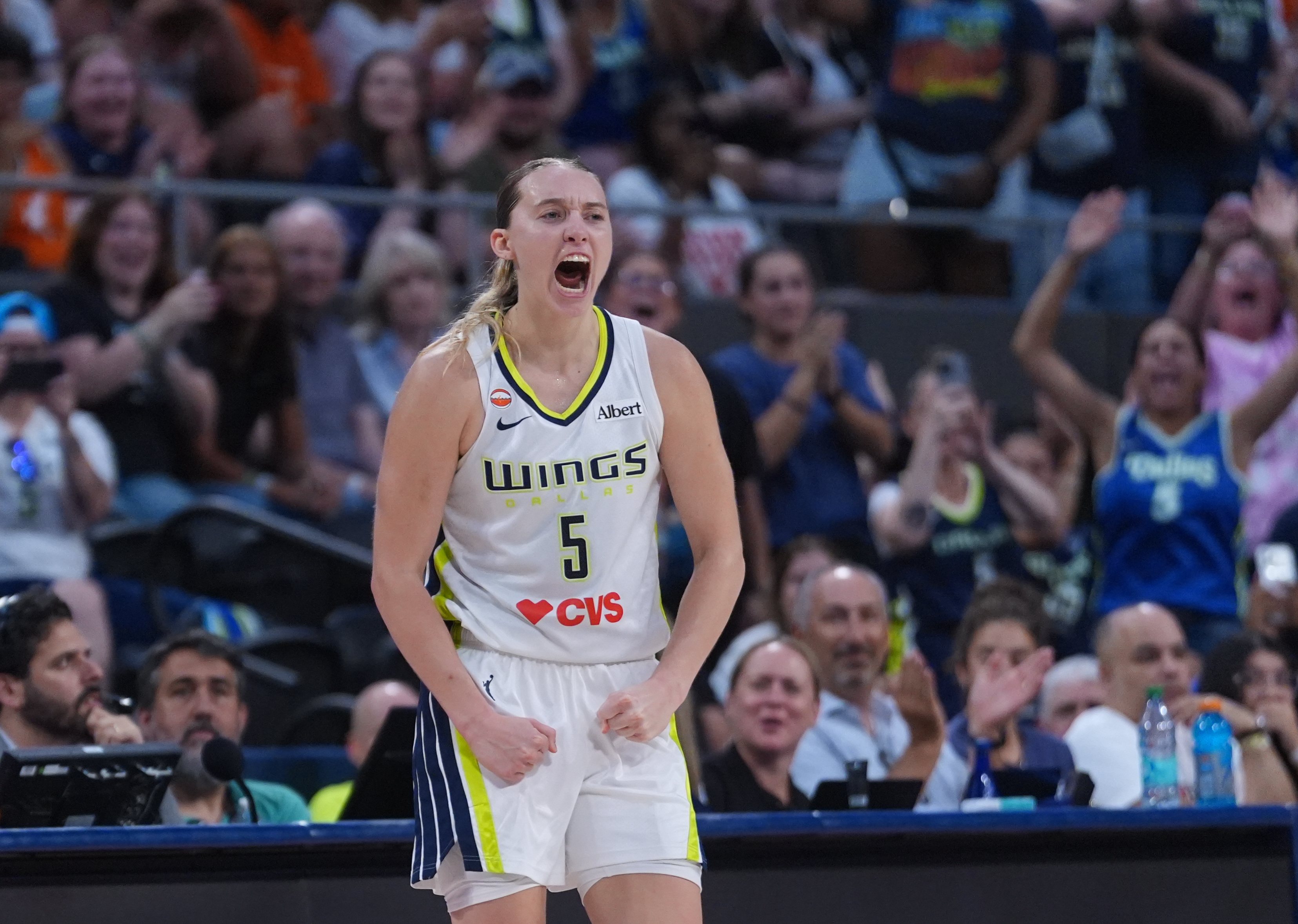 Dallas Wings guard Paige Bueckers (5) reacts as we break down our Wings vs. Liberty prediction.