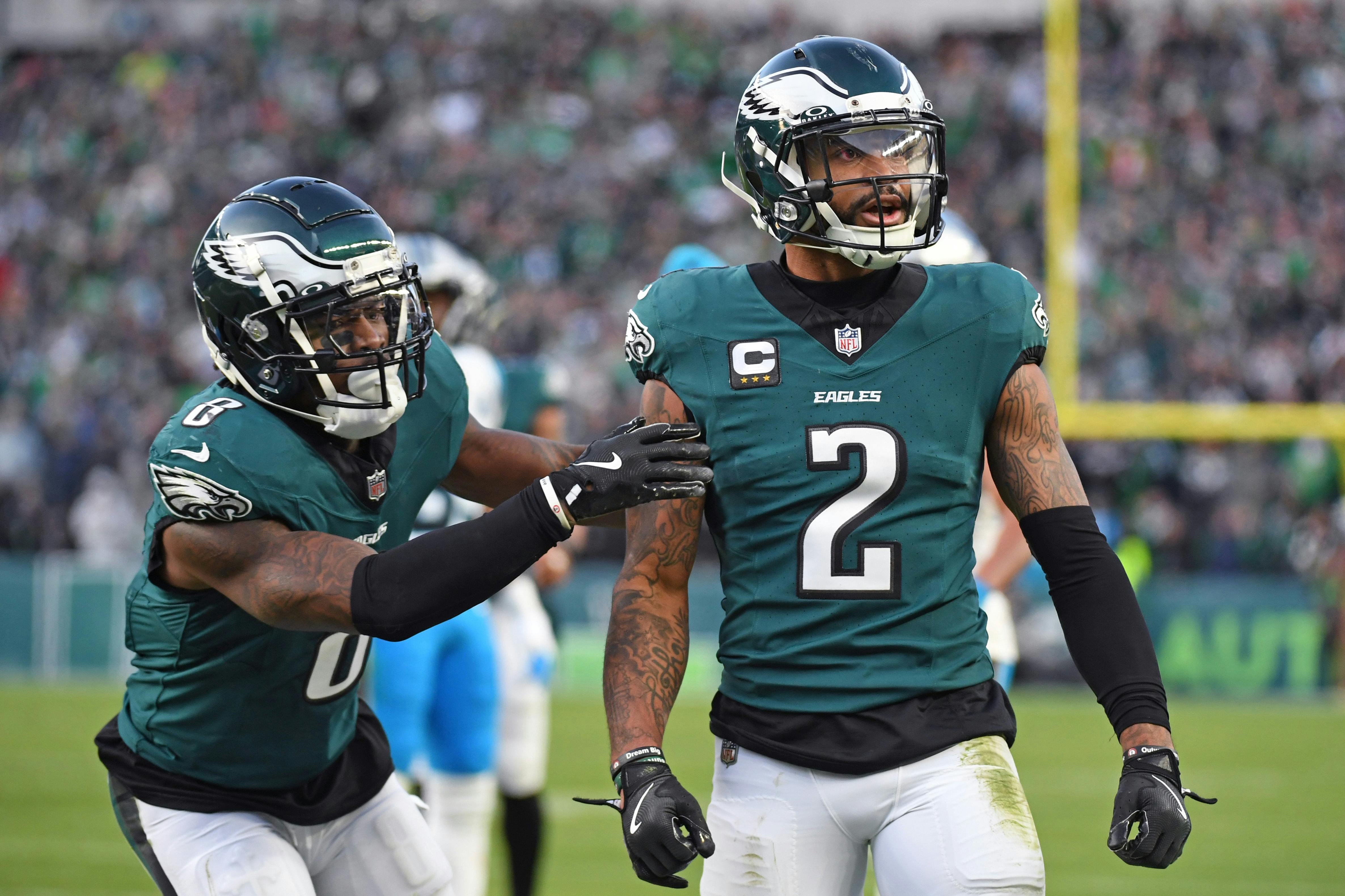 Philadelphia Eagles cornerback Darius Slay Jr. celebrates a fourth down stop against the Carolina Panthers as we analyze the 2025 Super Bowl odds. 