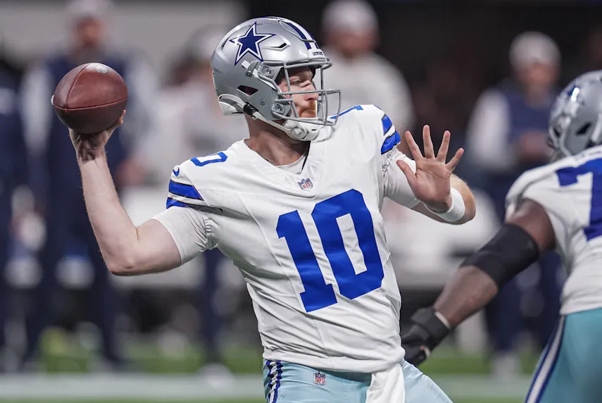 Dallas Cowboys quarterback Cooper Rush passes as we make our best Eagles vs. Cowboys prediction.