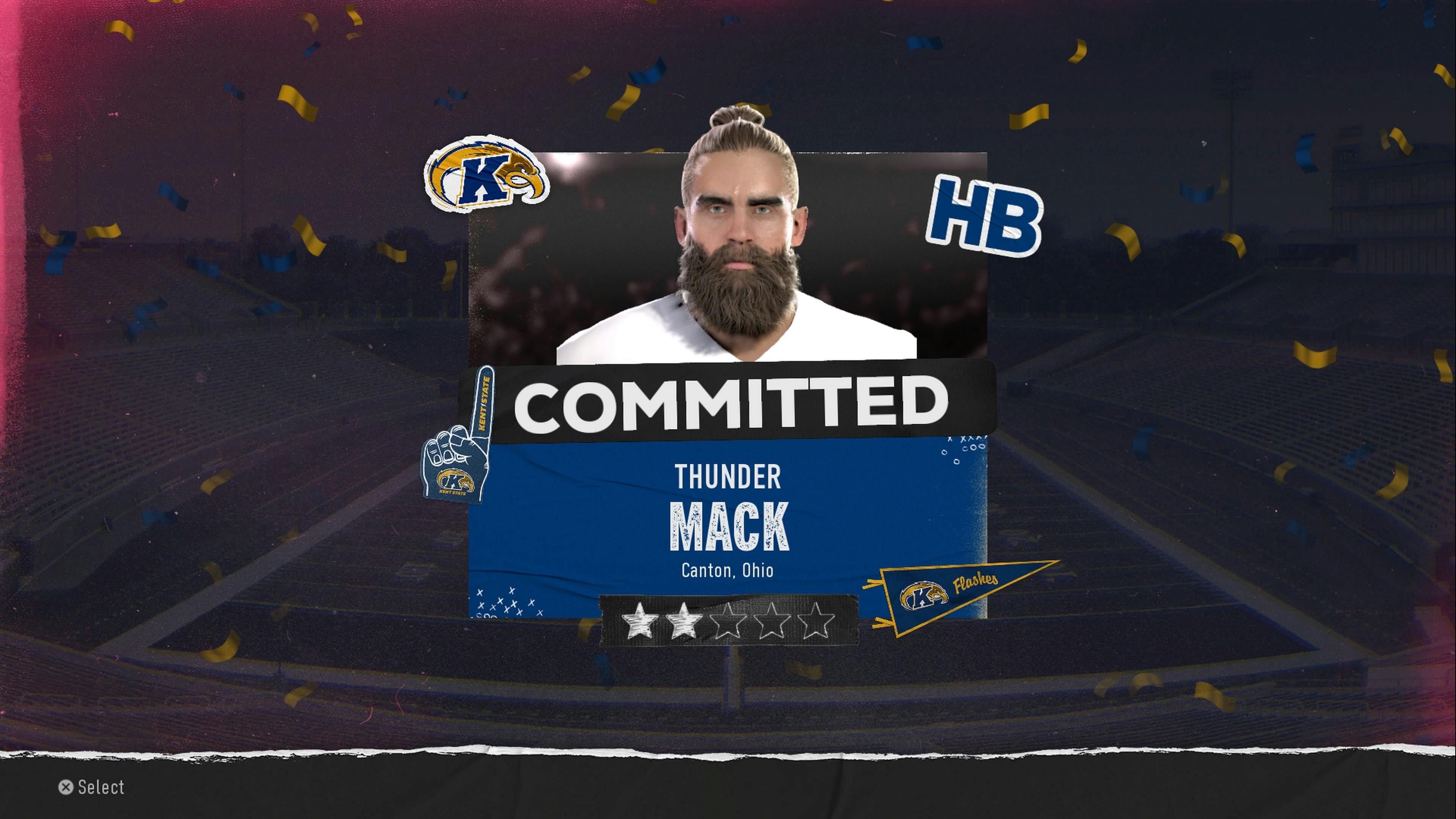 Road to Glory "underdog" recruit Thunder Mack committing to Kent State. Screenshot via EA Sports College Football 25.