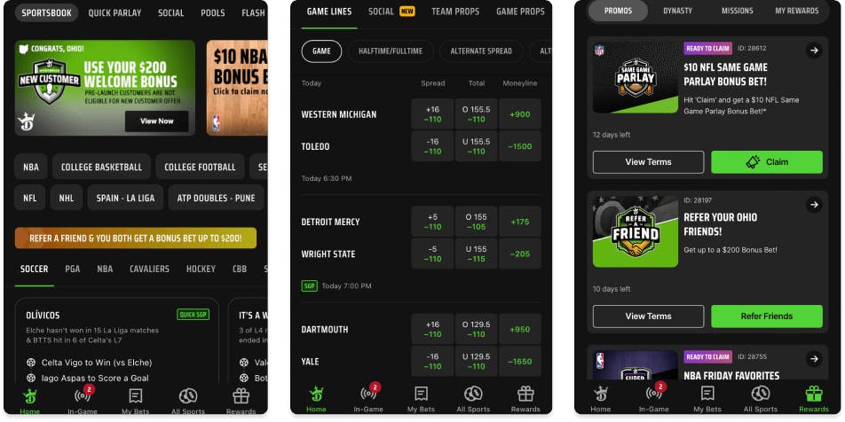 Screenshots of DraftKings Sportsbook mobile app for iOS devices.