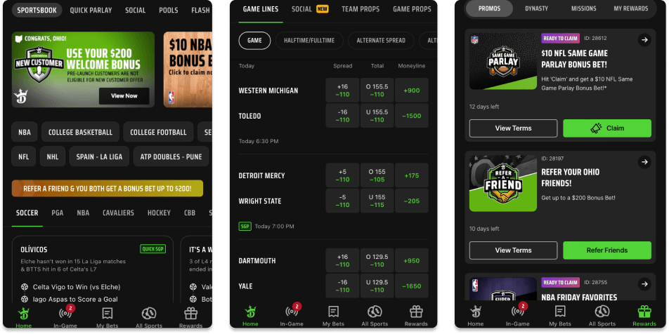 Screenshots of DraftKings Sportsbook mobile app for iOS devices.