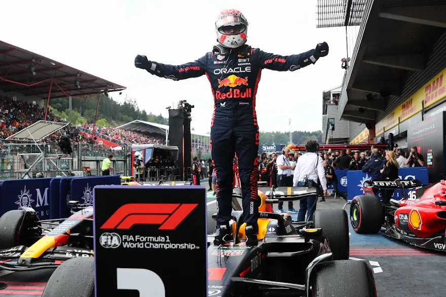 Max Verstappen of Red Bull Racing celebrates after the Formula 1 Belgian Grand Prix as we look at the F1 driver and constructors odds.