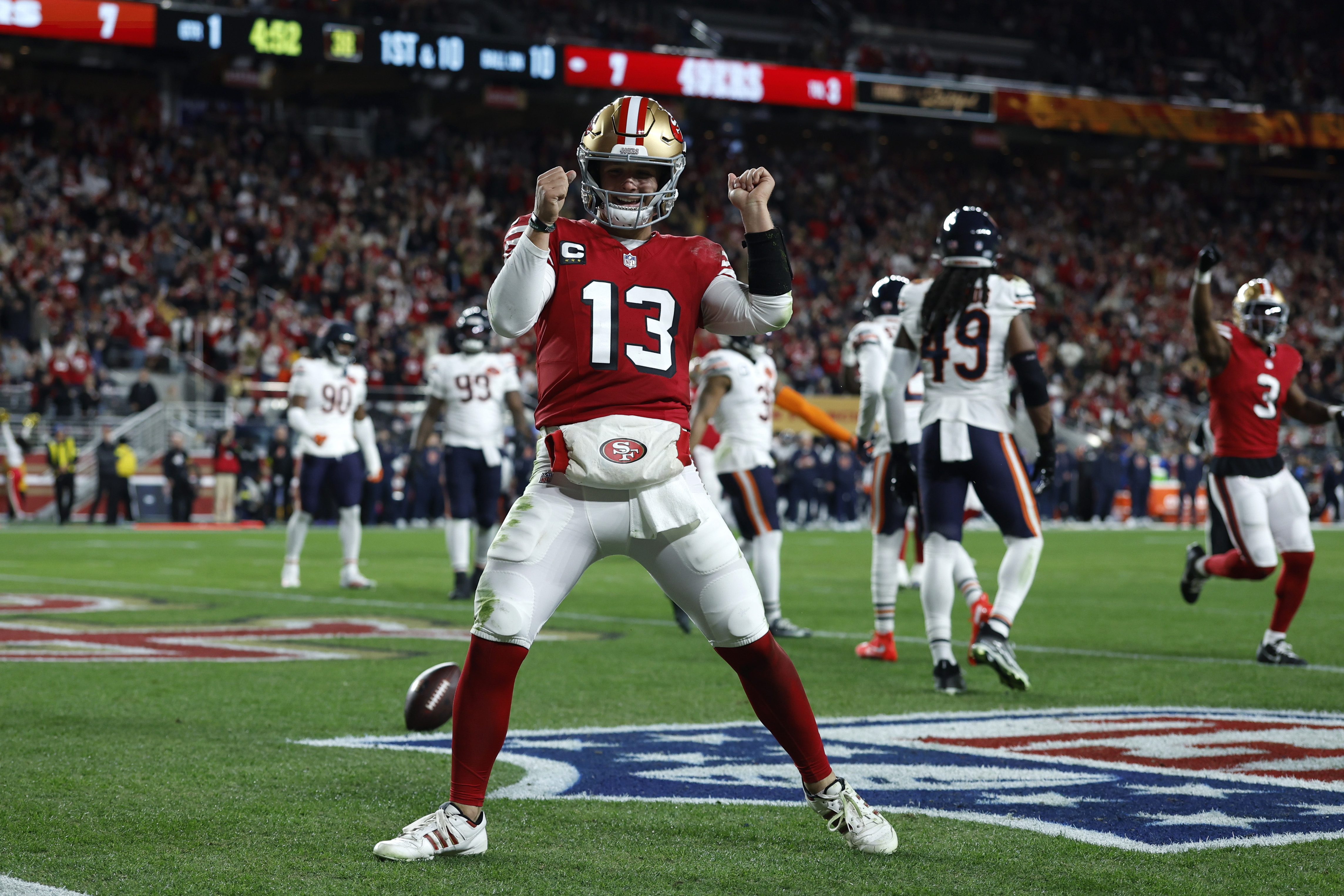 San Francisco 49ers quarterback Brock Purdy (13) celebrates as we offer our NFL upset picks for Week 18.