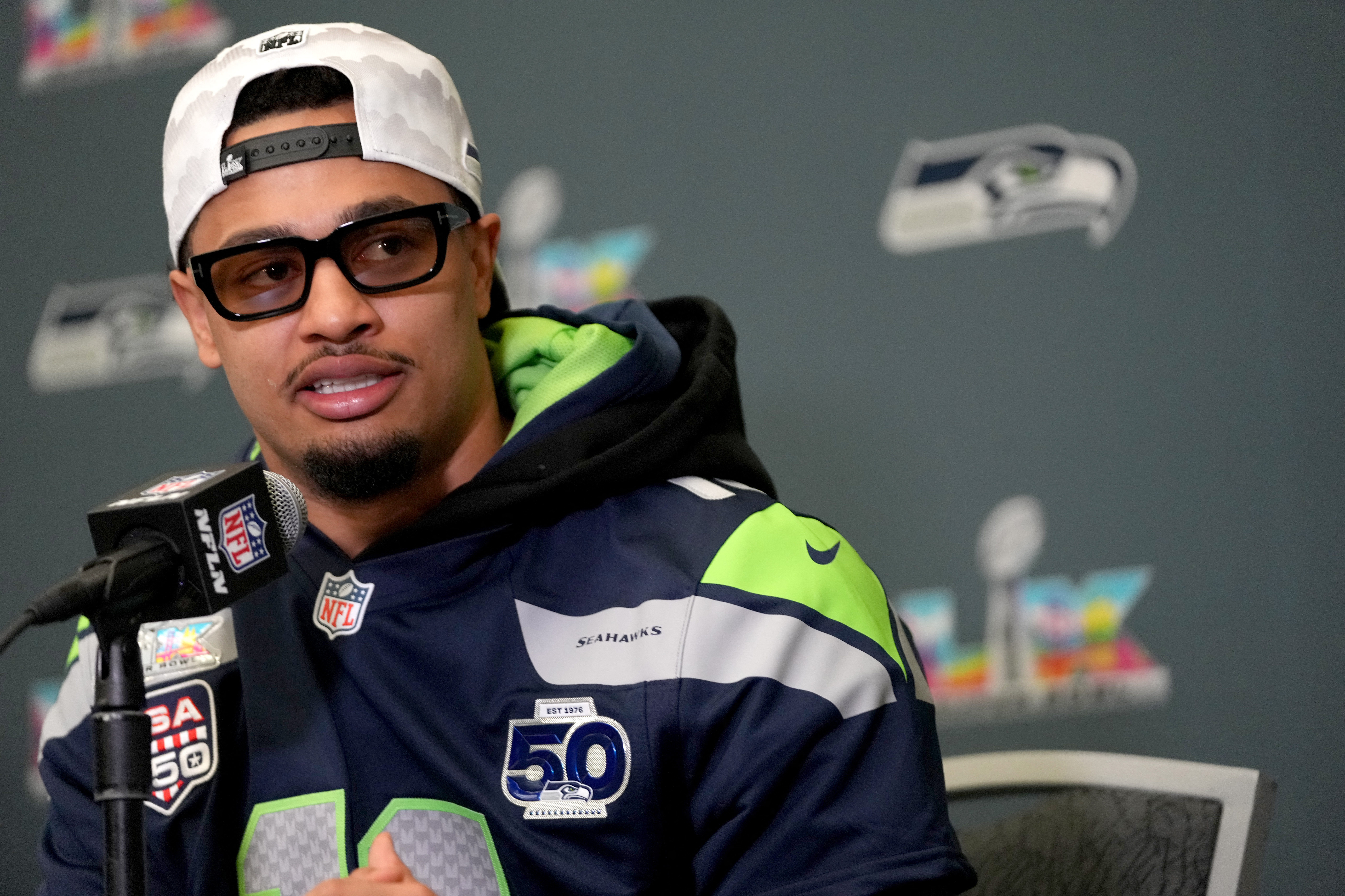 Seattle Seahawks wide receiver Jaxon Smith-Njigba (11) speaks to the media as we break down our 5 Super Bowl long shot bets to make now.