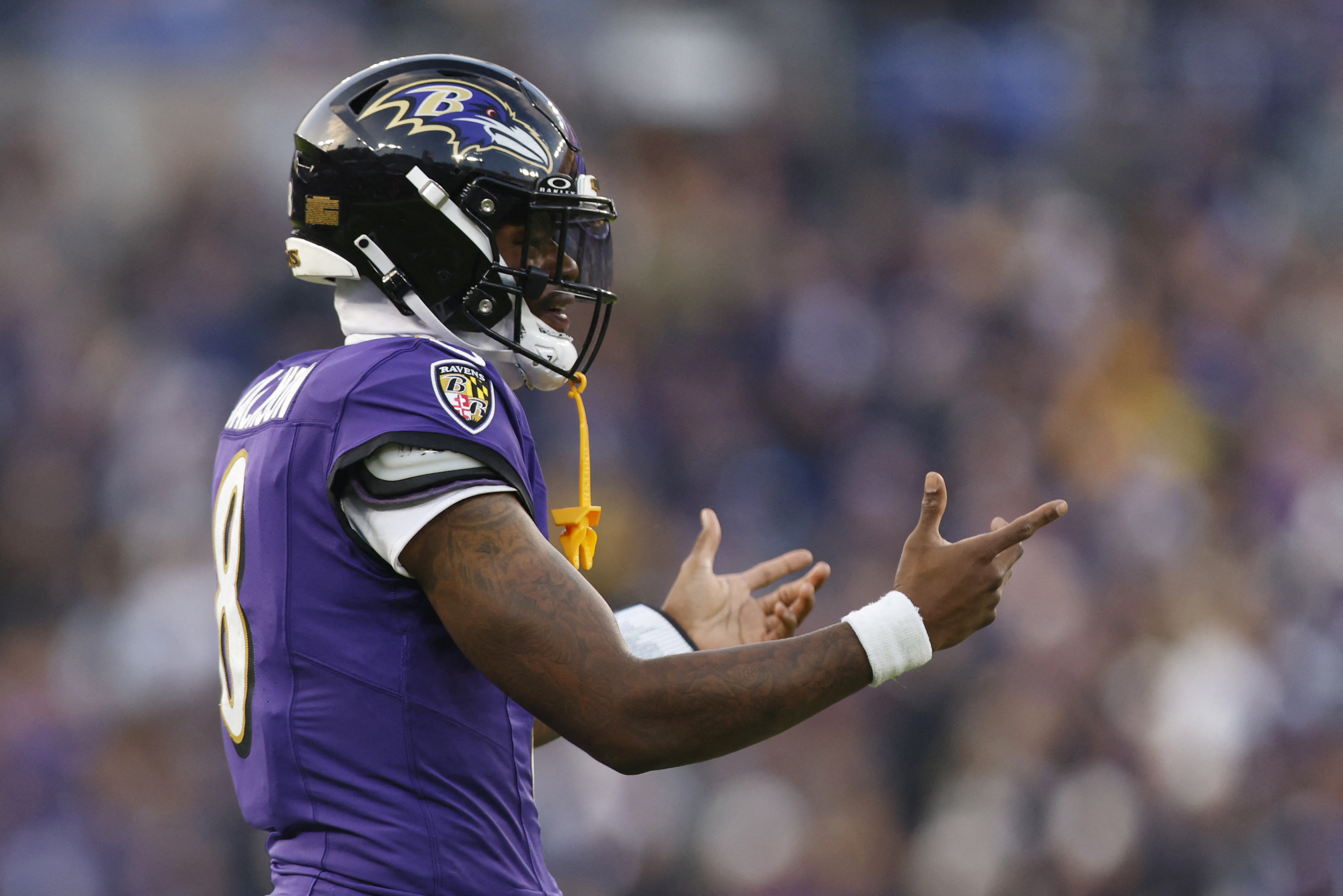 Baltimore Ravens quarterback Lamar Jackson (8) reacts after a play as we break down our Ravens vs. Colts prediction.