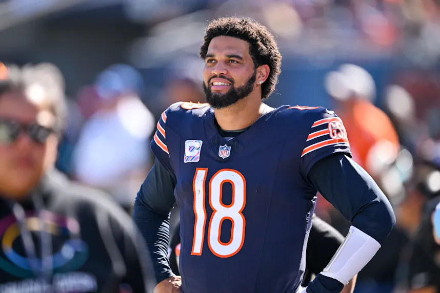 Chicago Bears quarterback Caleb Williams looks on from the sideline as we look at our best Jaguars vs. Bears player prop bets.
