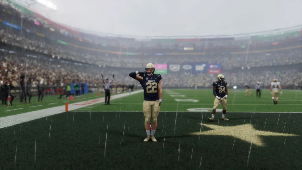 The Army-Navy game is a staple in college football, so I had to play it. Here's Navy slotback Eli Heidenreich hitting the salute after scoring against Army at Commanders Field, the location of the matchup in 2024.