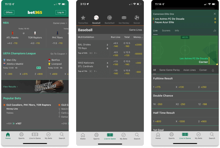 Screenshot of bet365 Sportsbook app in iOS.