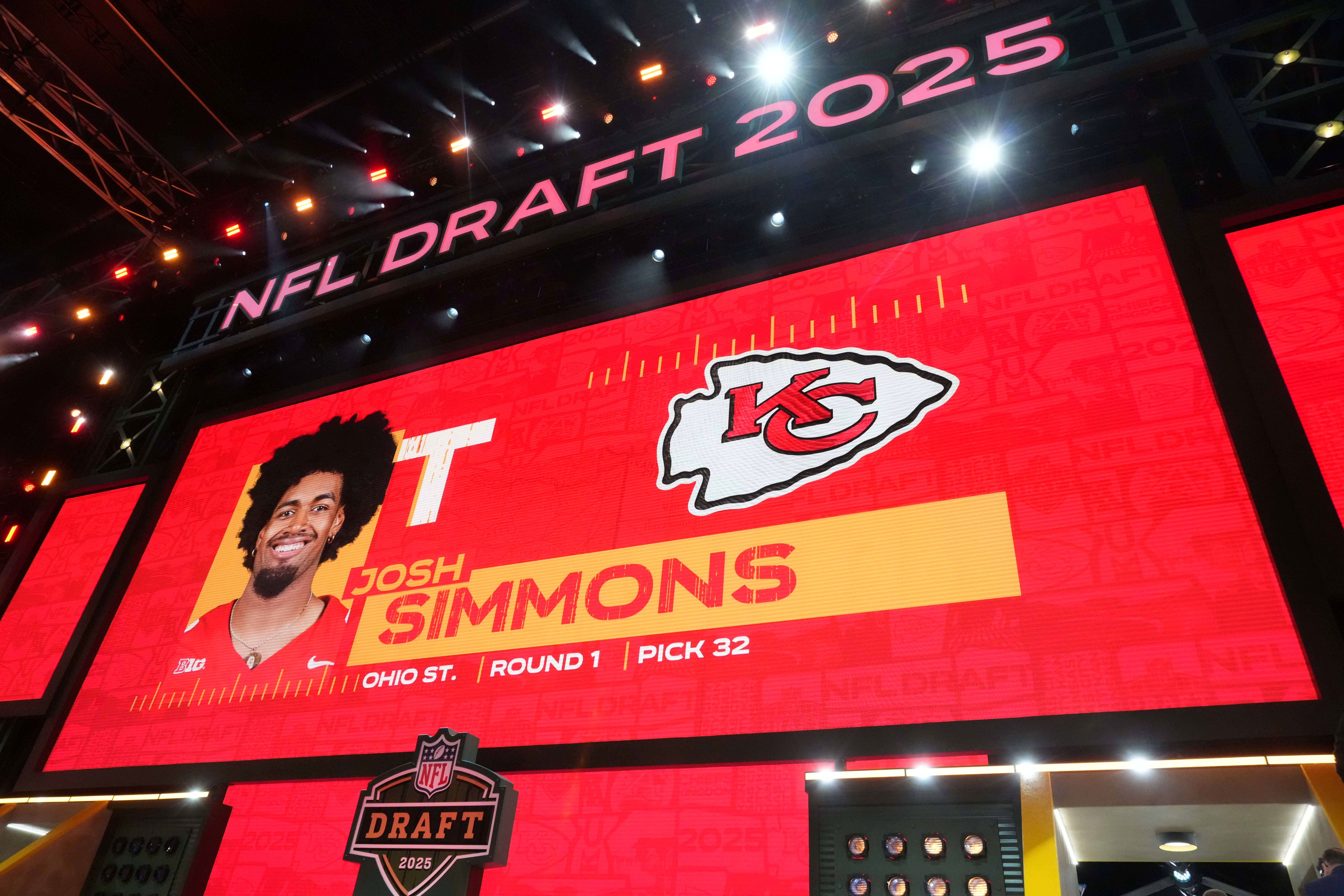 Ohio State Buckeyes tackle Josh Simmons is selected as the No. 32 pick by the Kansas City Chiefs during the NFL Draft at Lambeau Field.