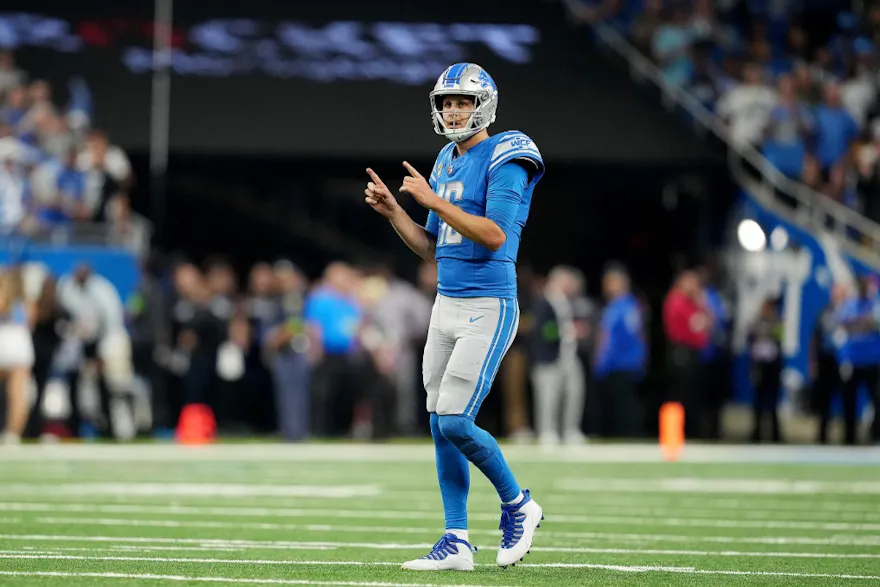 Jared Goff #16 of the Detroit Lions reacts after a play as we look at our NFL player props for Week 3