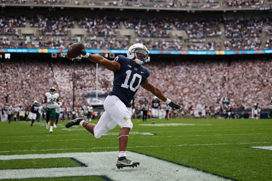 Running back Nicholas Singleton of the Penn State Nittany Lions celebrates after scoring a touchdown against the Ohio Bobcats at Beaver Stadium in State College, Pennsylvania. Photo by Scott Taetsch/Getty Images via AFP.