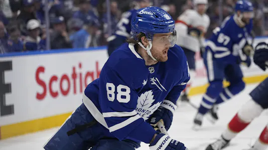 Toronto Maple Leafs forward William Nylander (88) carries the puck as we break down our Sabres vs. Maple Leafs player props for Saturday.