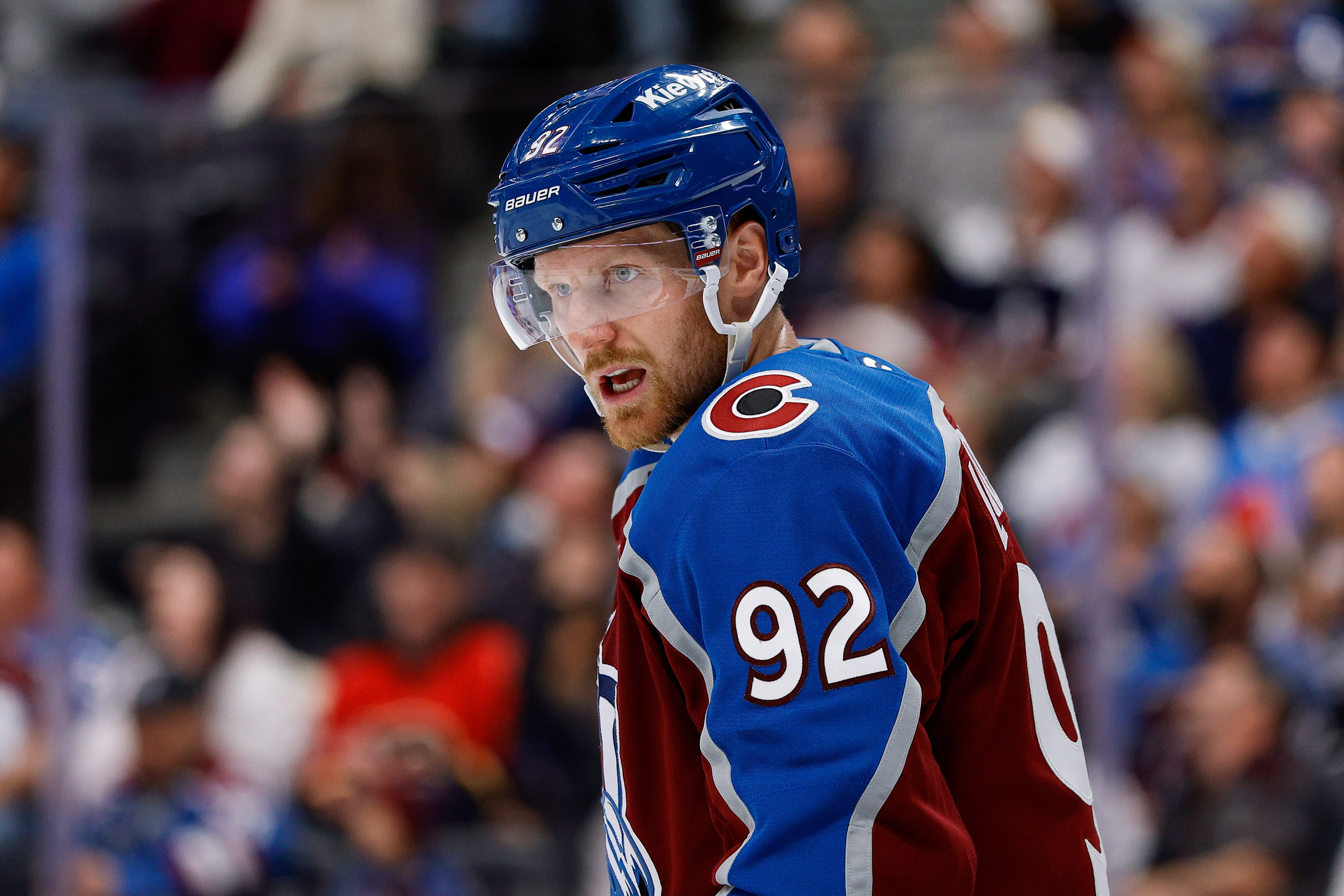 Colorado Avalanche left wing Gabriel Landeskog (92), seen here looking on during a game, is featured in our NHL player props tonight.