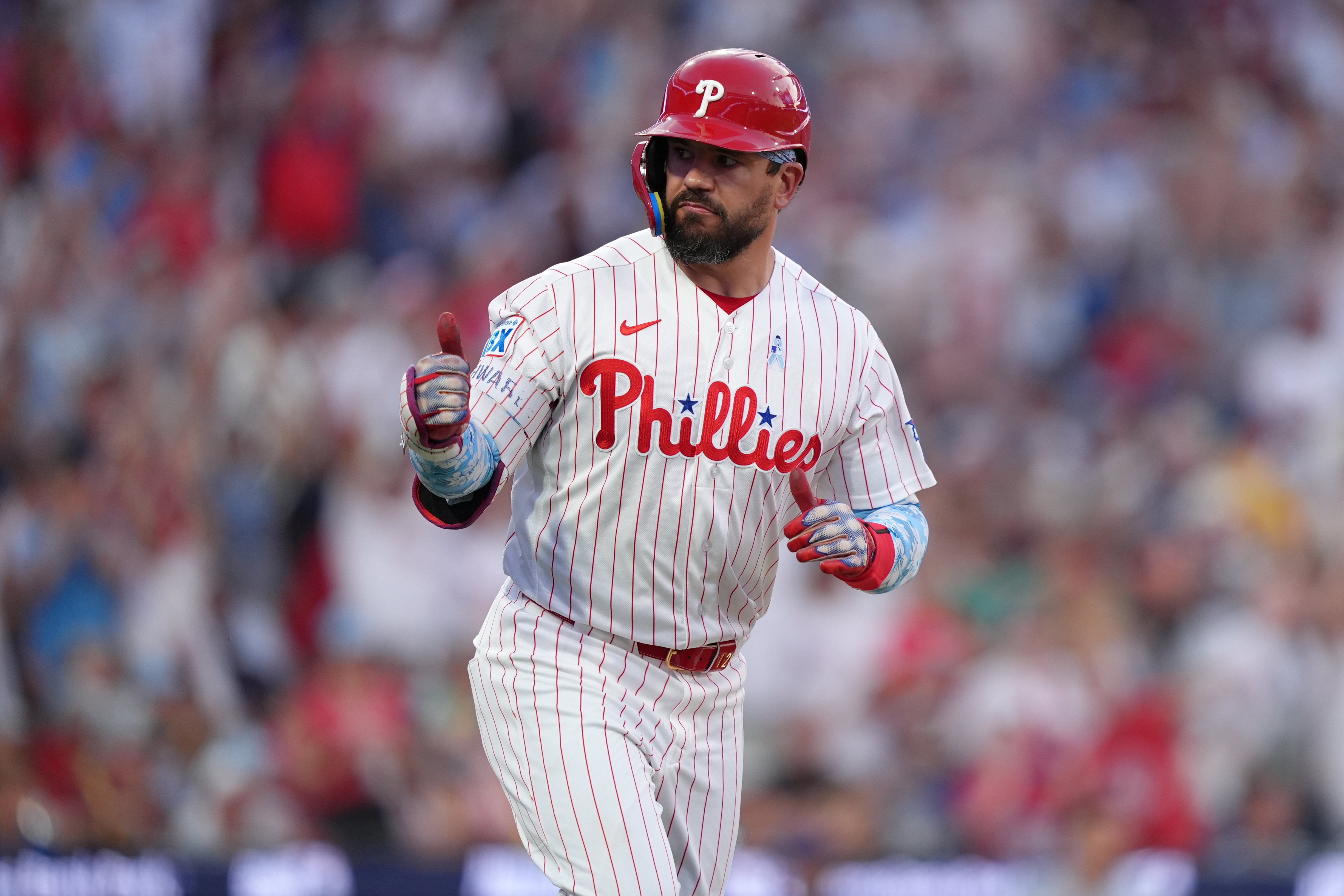 Philadelphia Phillies designated hitter Kyle Schwarber - who's featured in my home run predictions - reacts. 